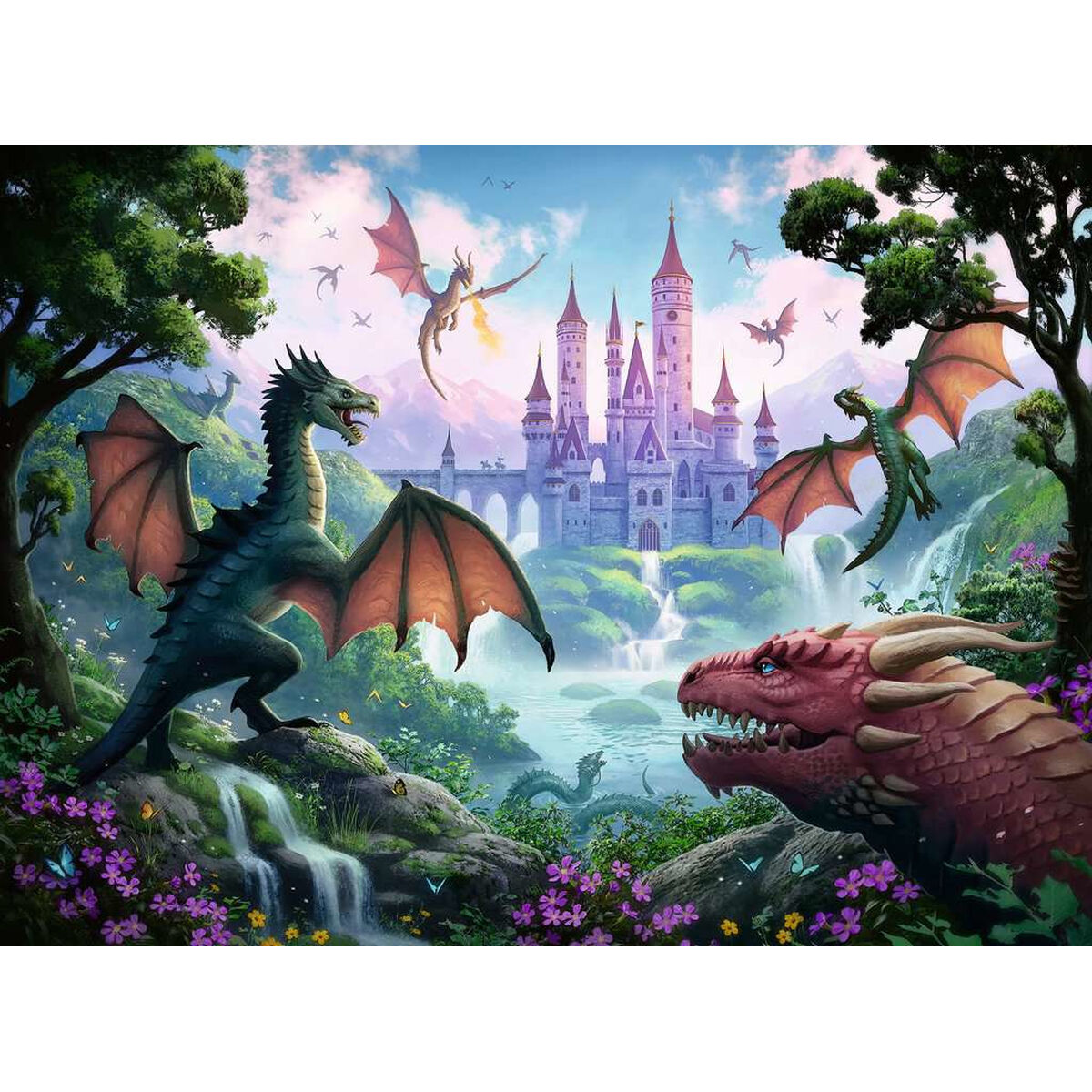 Een puzzel met draken in de buurt van een kasteel, met een brug, water en vliegende draken.