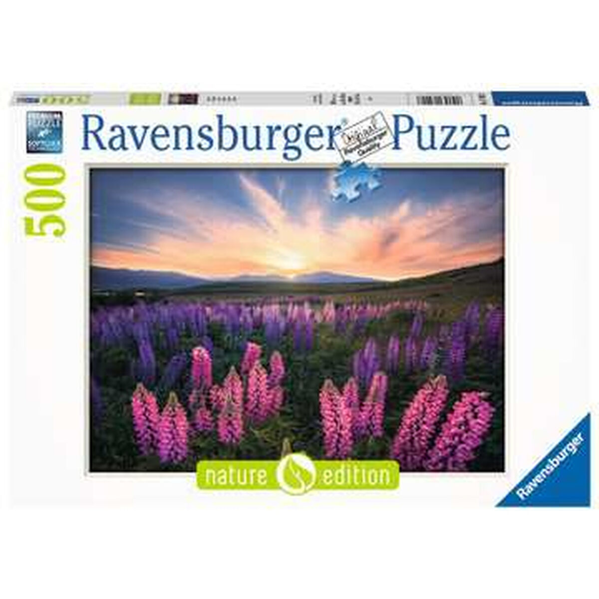 Puzzledose mit einem malerischen Sonnenuntergang über einem Feld mit lila und rosa Blumen.