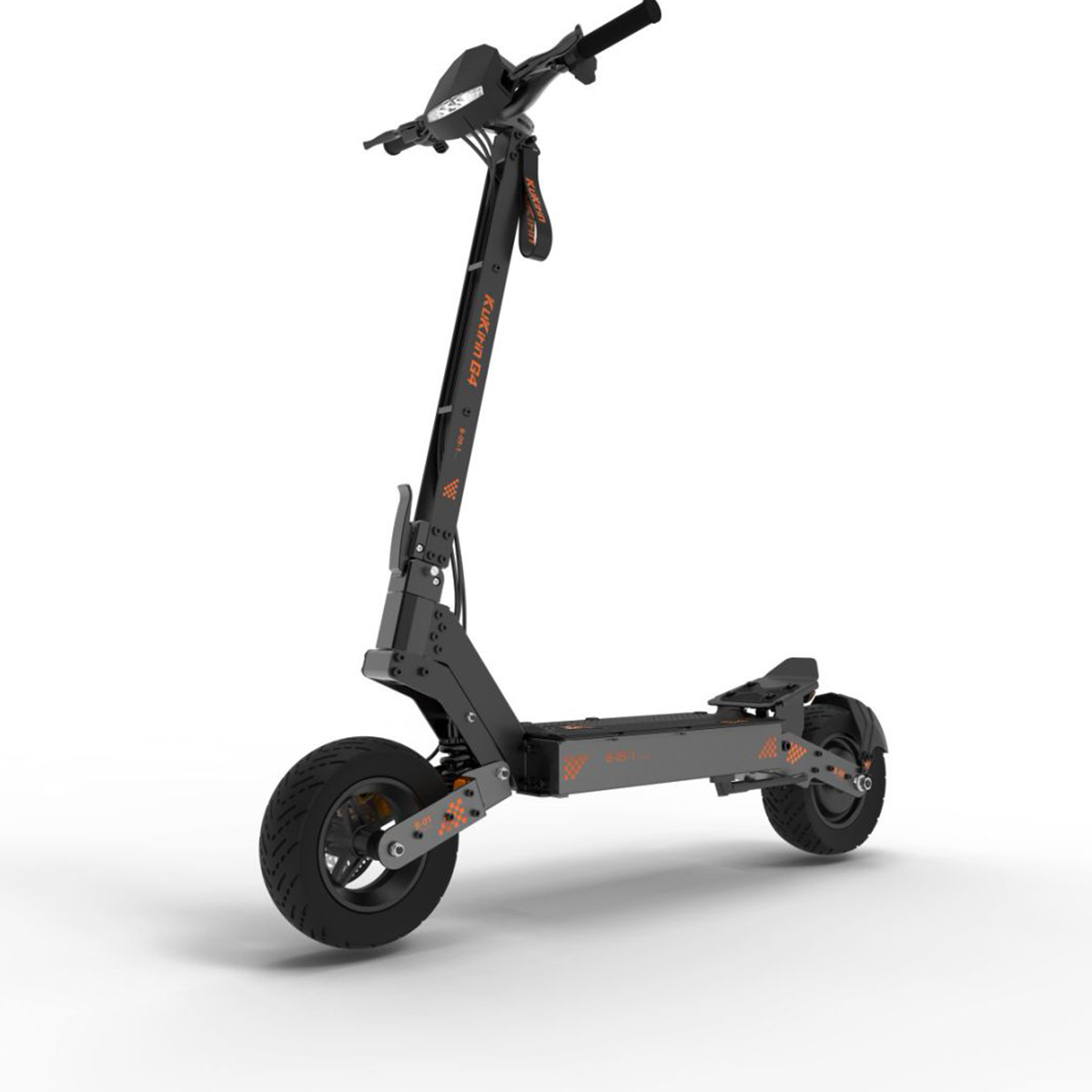 Un monopattino elettrico con telaio nero, dettagli arancioni e ruota anteriore. Lo scooter ha un manubrio.