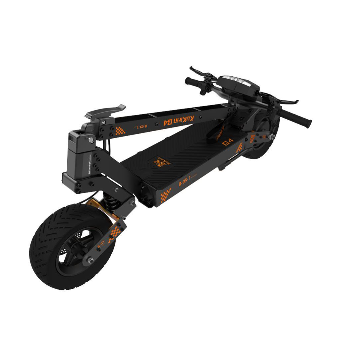 Scooter elettrico nero con dettagli arancioni. Sfondo bianco.
