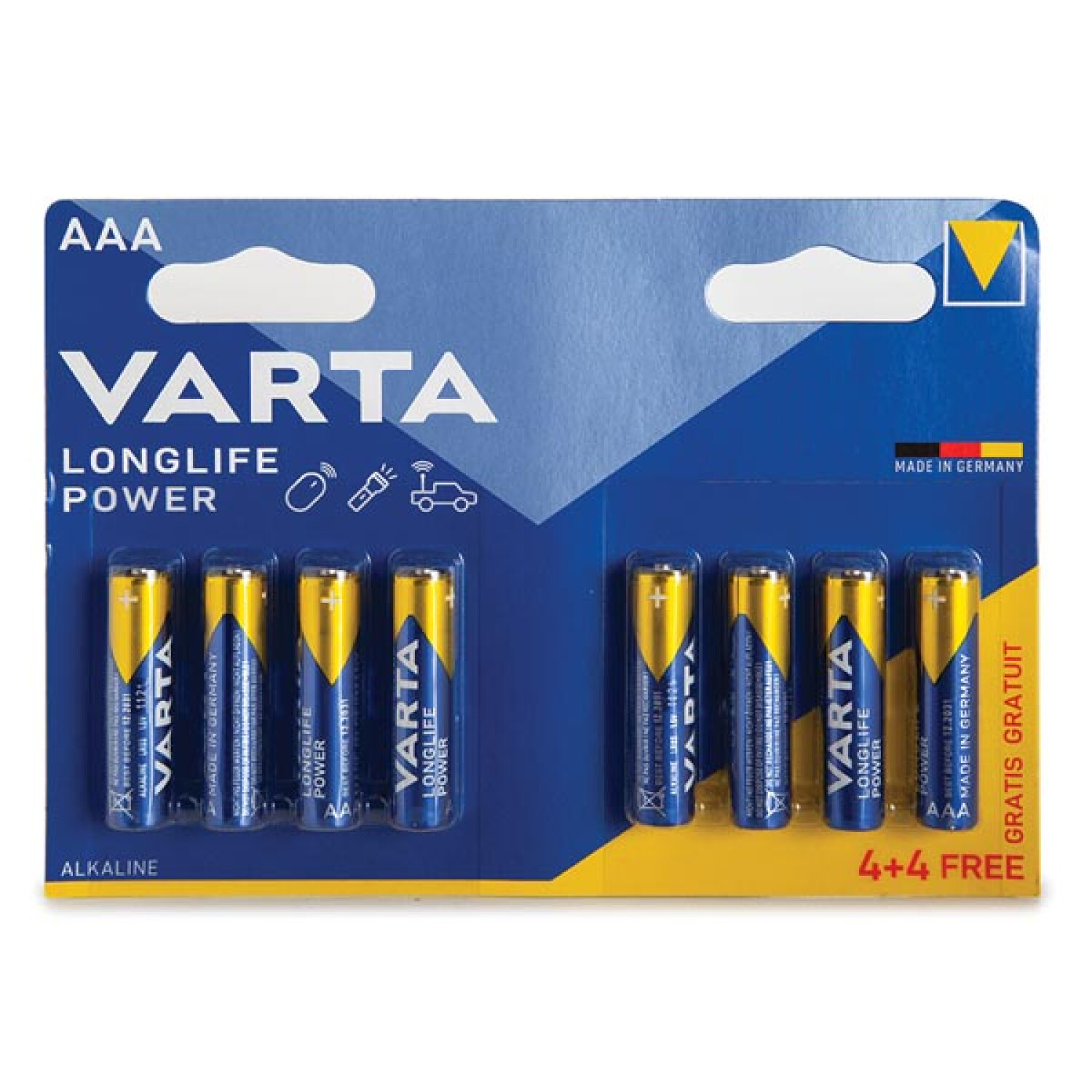 Opakowanie baterii Varta Longlife Power AAA. Opakowanie jest niebiesko-żółte.