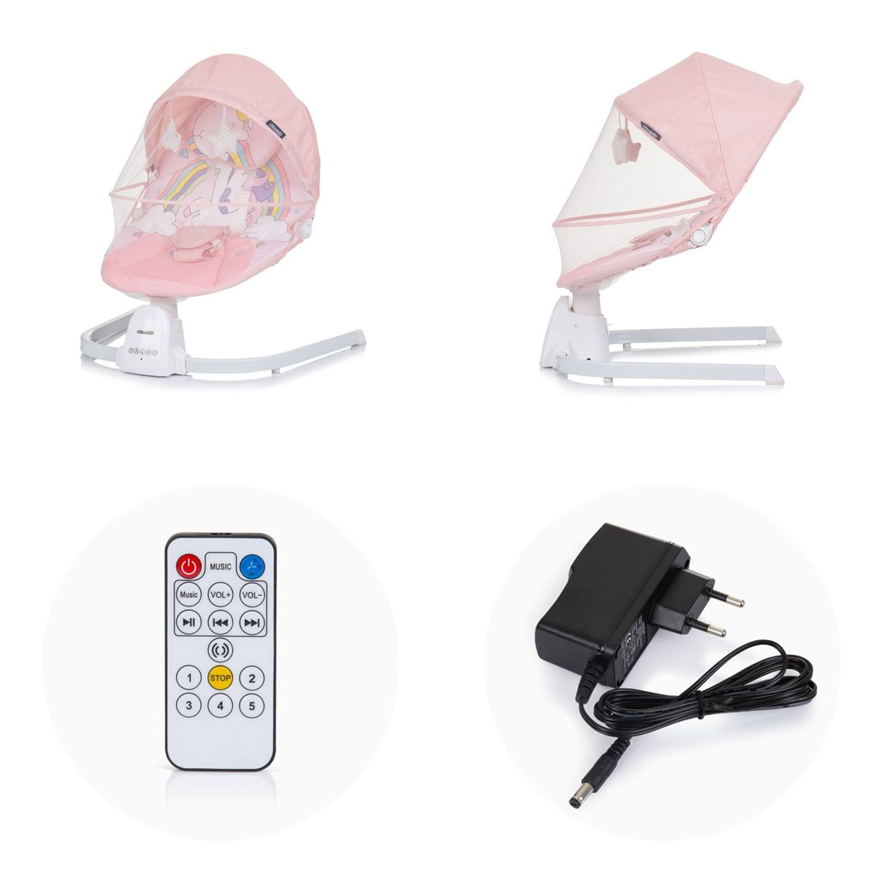 Columpio para bebé con dosel y accesorios: mando y adaptador, sobre blanco.