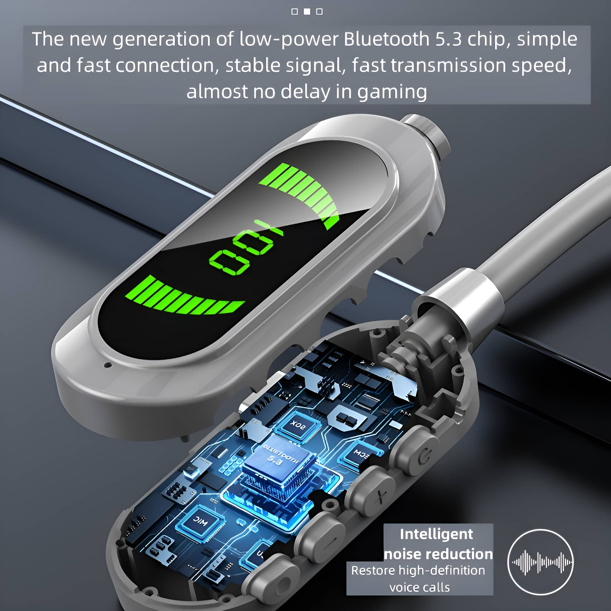 Ein Bluetooth-Gerät mit Display. Es zeigt einen Akkuladestand und eine Platine. Es ist grau.