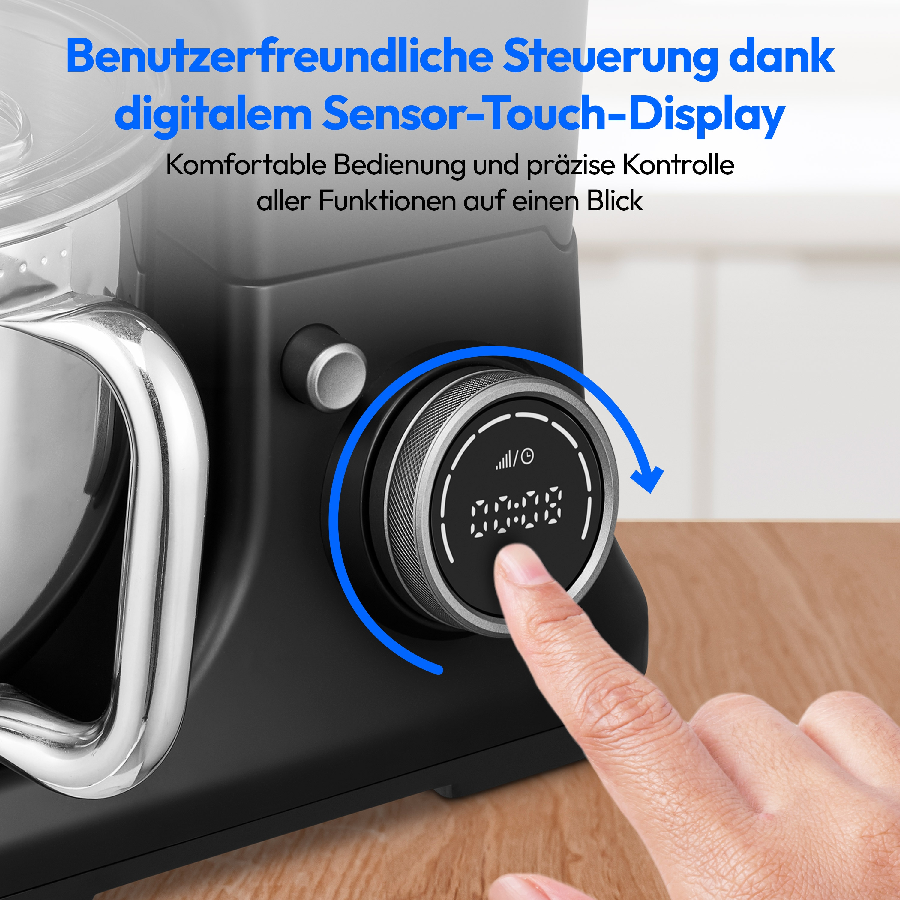Una mano toca un mando de visualización digital en un electrodoméstico de cocina negro. Hay texto.