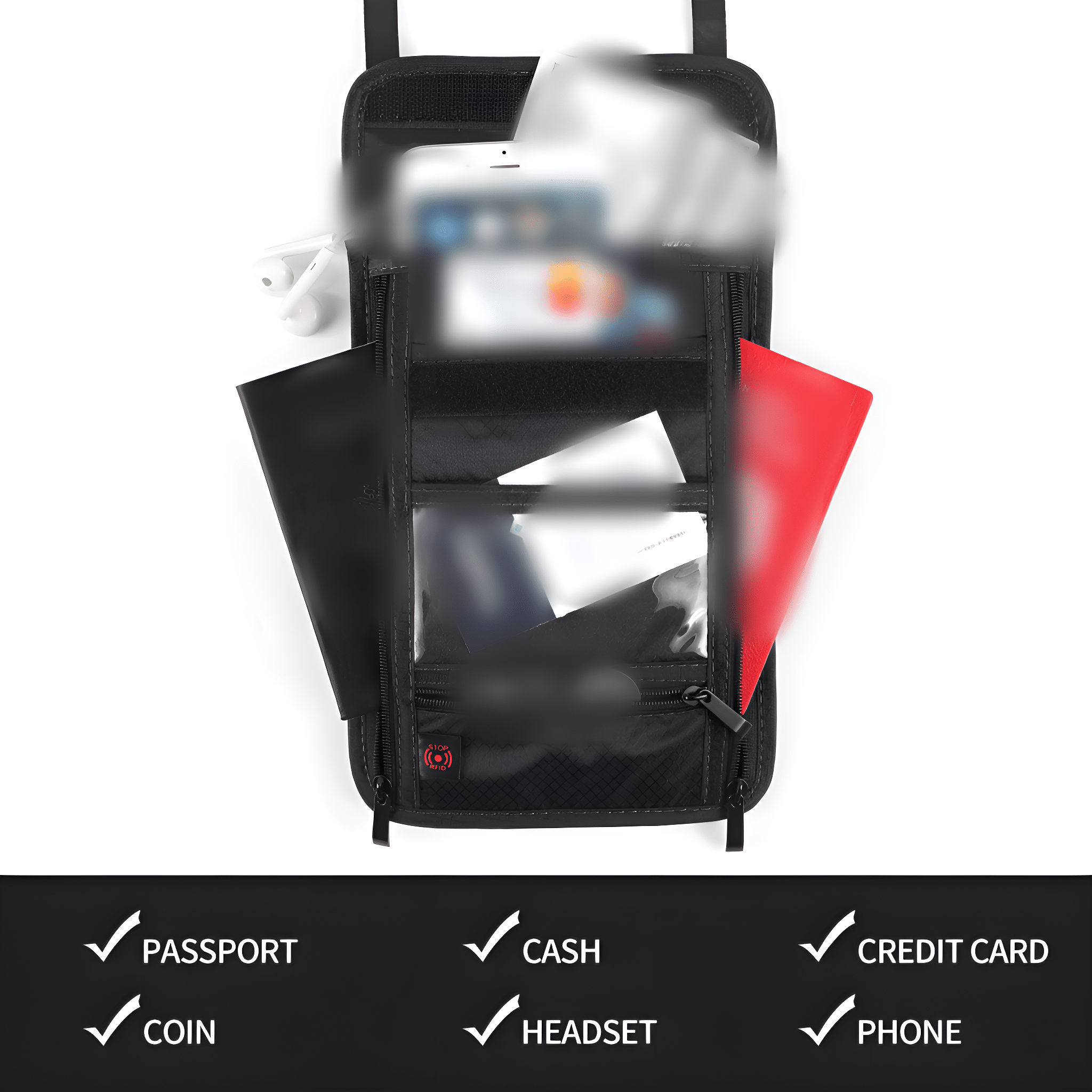 Schwarzer Reiseorganizer mit Reisepass, Telefon, Bargeld und anderen Gegenständen.