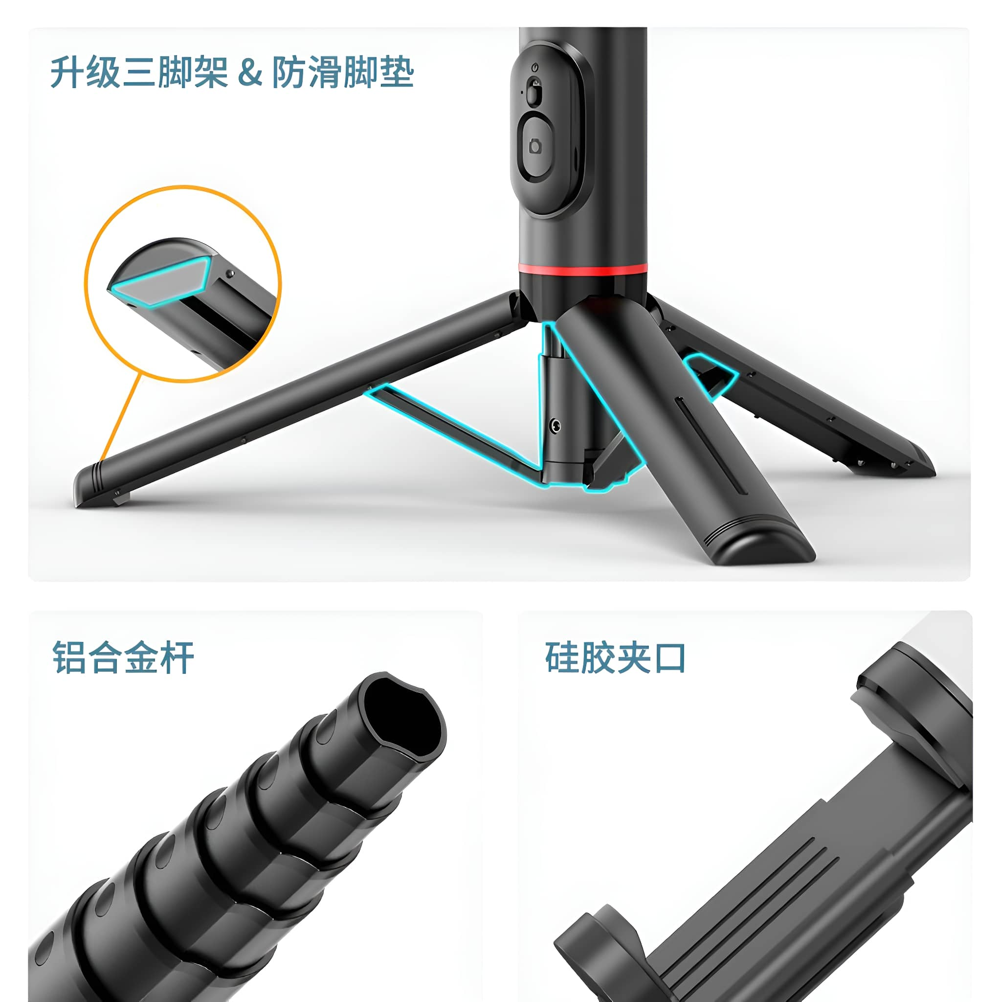 Stativbasis und Details: Beine, Gelenk und Handy-Clip-Nahaufnahmen.