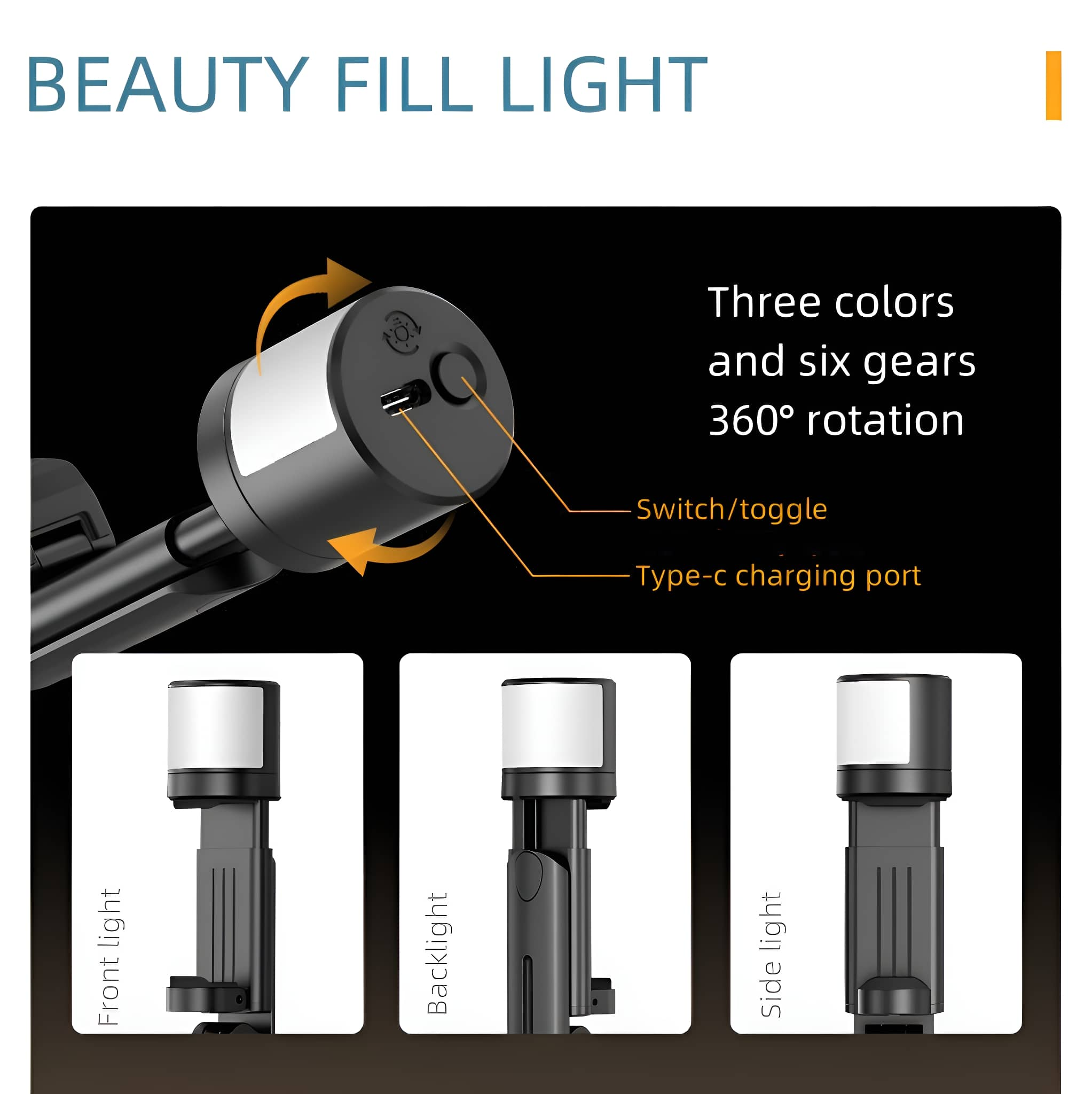 Schwarzes Beauty-Fill-Light mit drei Lichtmodi und Typ-C-Ladeanschluss.