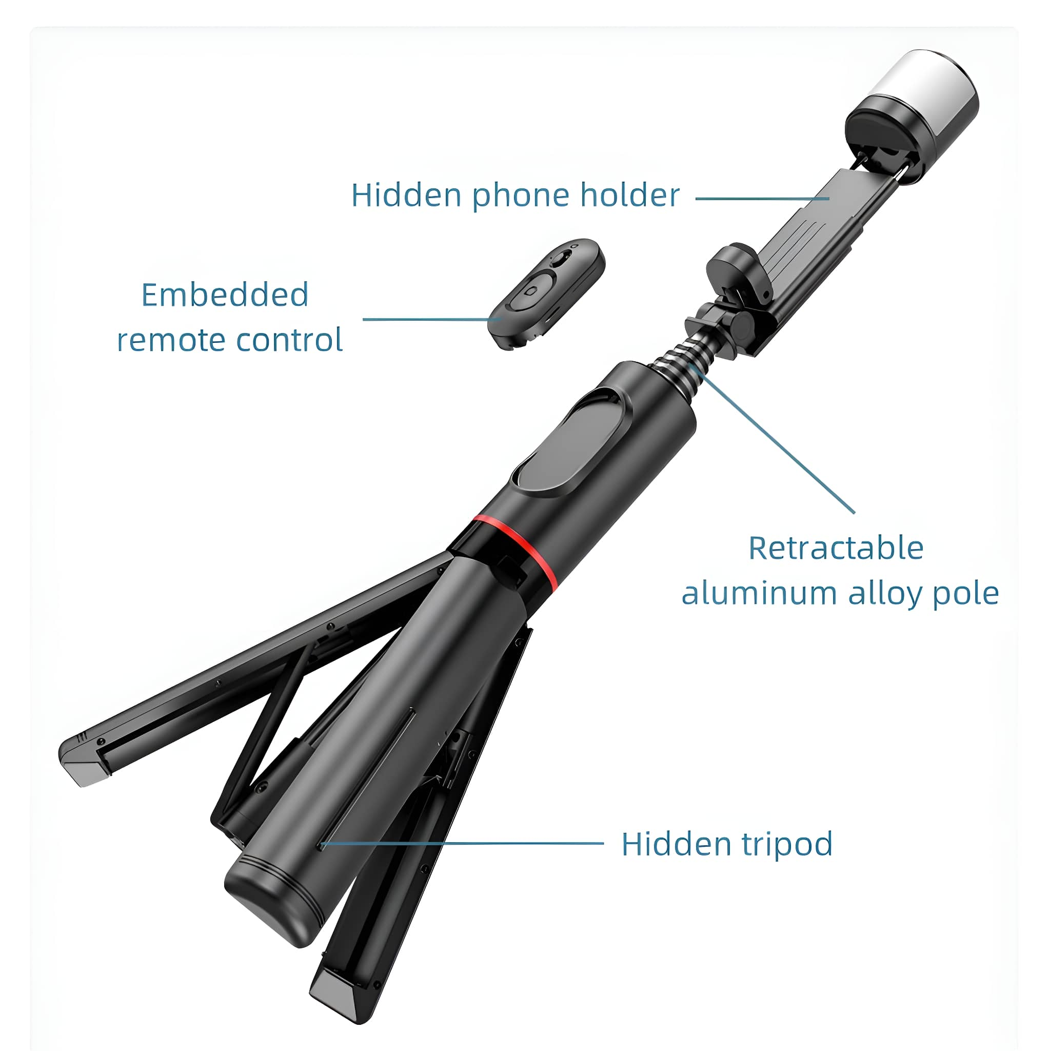 Schwarzer Selfie-Stick mit Telefonhalter, Fernbedienung und ausgeklappten Stativbeinen.