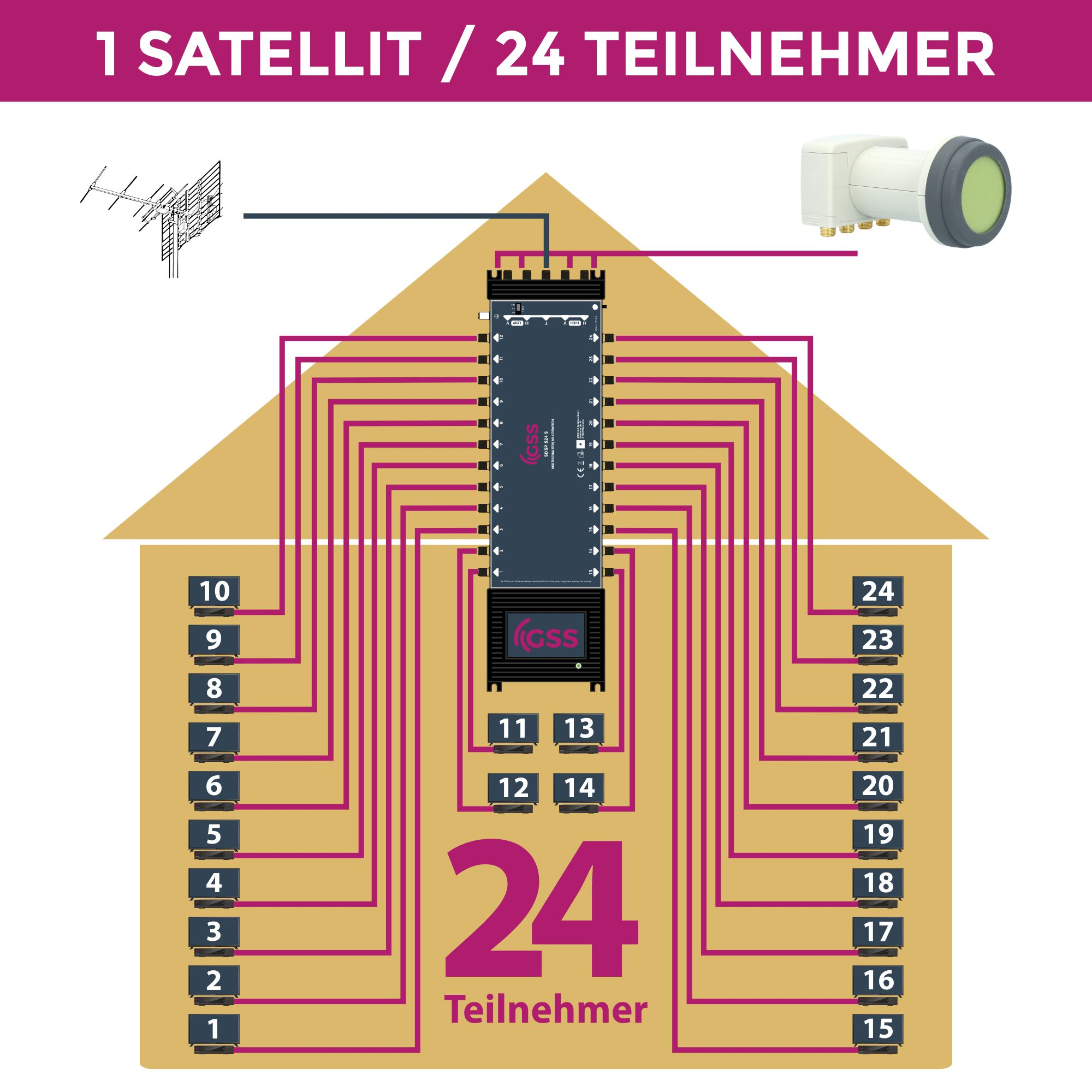 Diagramm des Satellitenempfängers. Enthält eine Schüssel, einen Empfänger und nummerierte Ausgänge für 24 Teilnehmer.