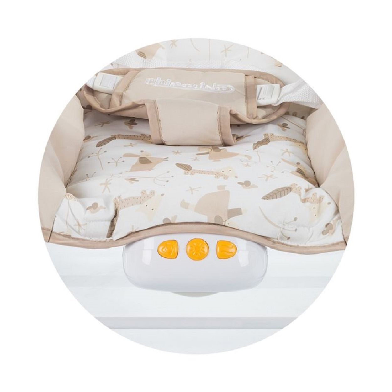 Babywippe, beige und weiß, mit Cartoon-Tiermuster. Steuertasten sind sichtbar.