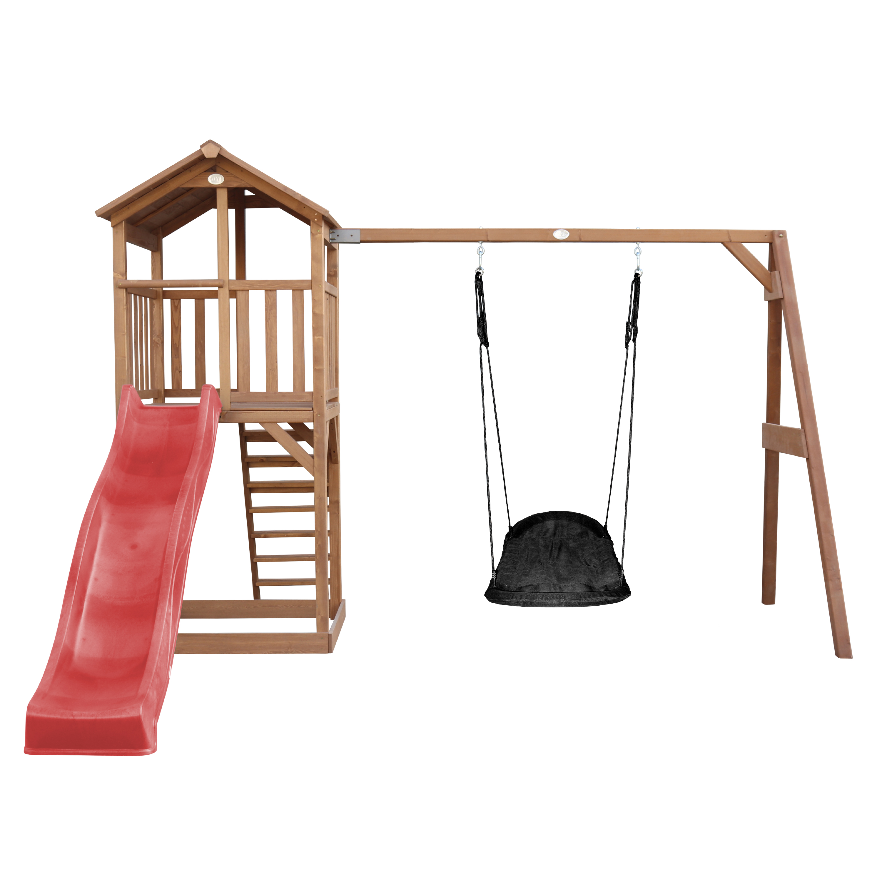 Ein Holzspielplatz mit Rutsche, Klettergerüst und Schaukel.