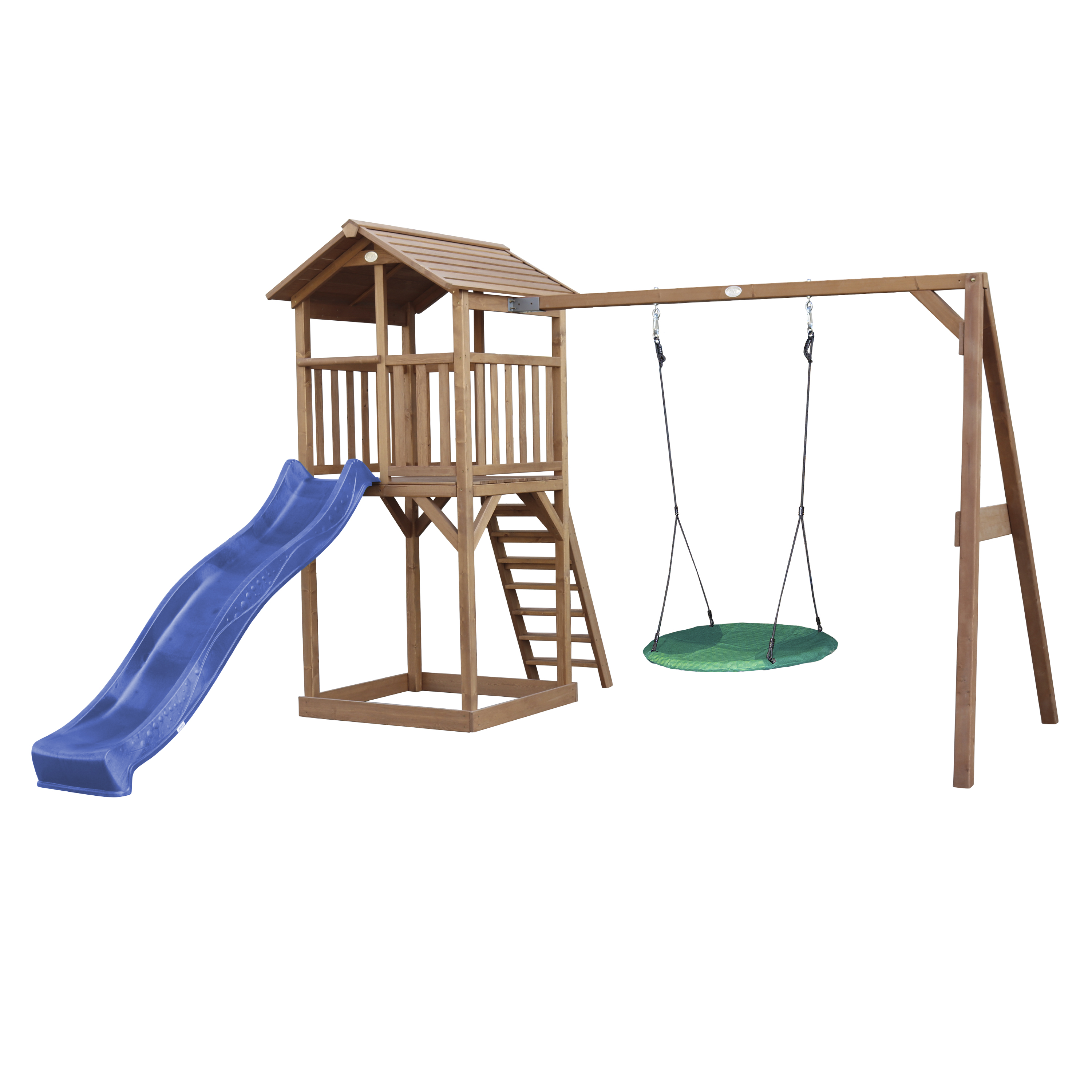Spielplatz aus Holz mit Rutsche, Schaukel und Klettergerüst.