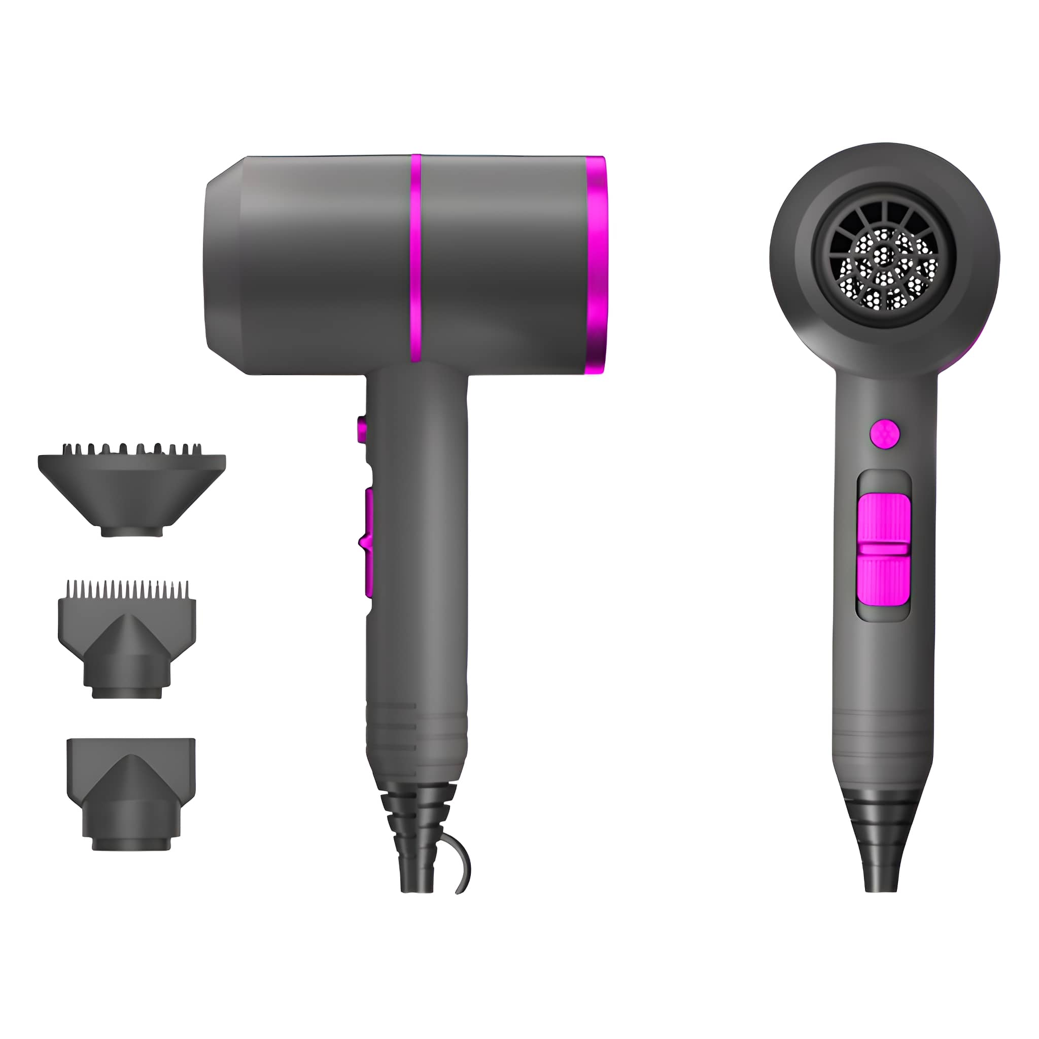 Schwarzer und rosa Haartrockner mit Aufsätzen, inklusive Düse und Diffusor, auf weißem Grund.
