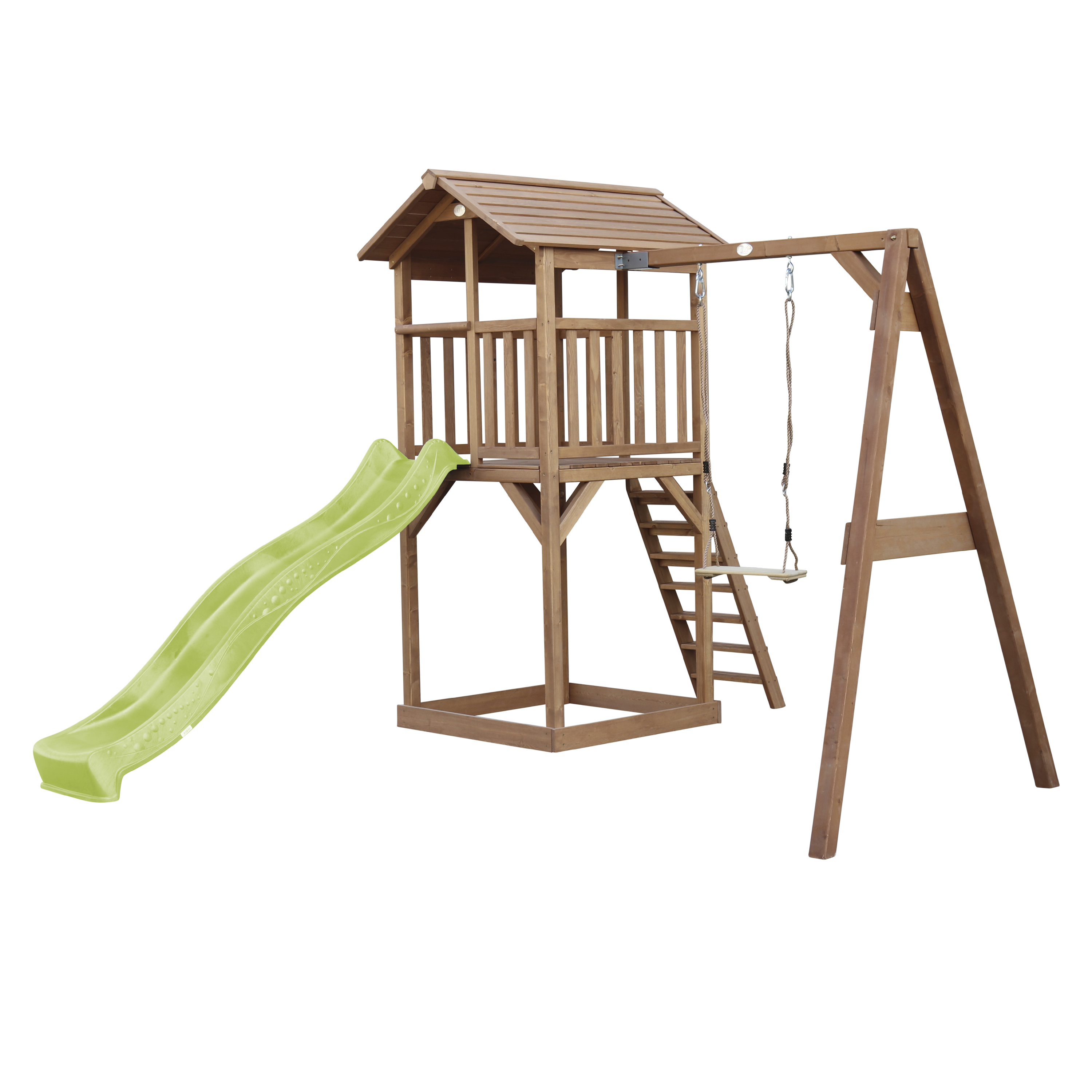 Ein hölzernes Spielset mit Rutsche, Turm, Leiter und Schaukel auf weißem Hintergrund.
