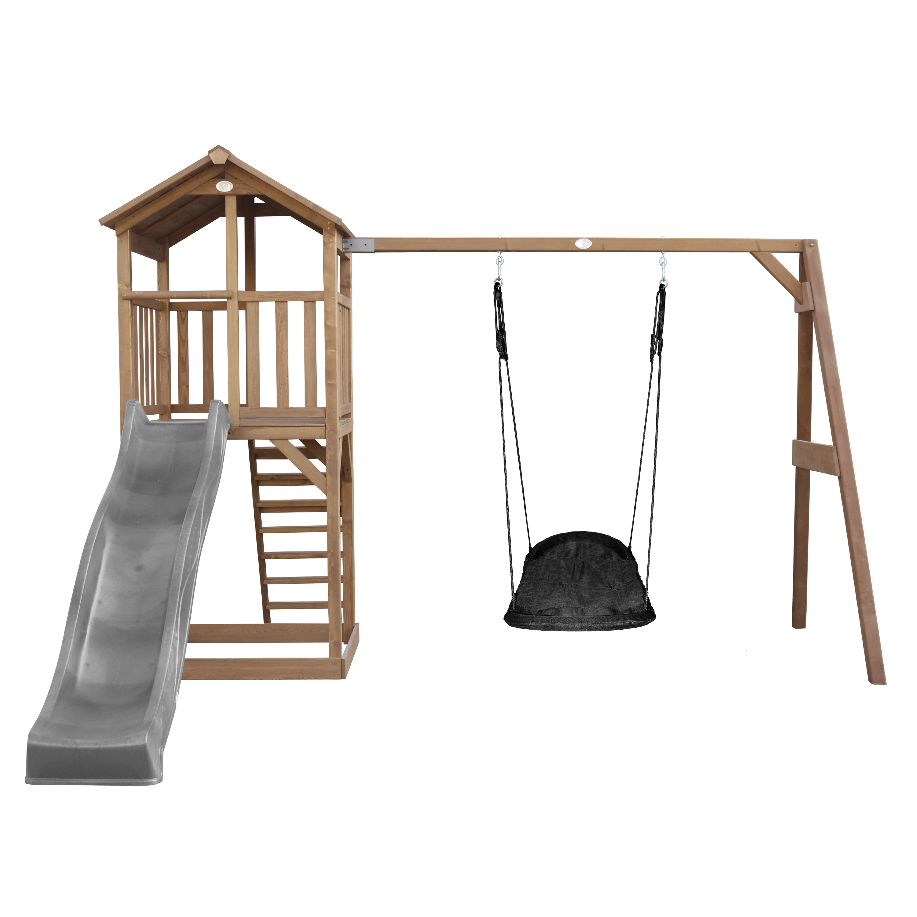 Spielplatz aus Holz mit Rutsche, Klettergerüst und Schaukel. Der Hintergrund ist weiß.