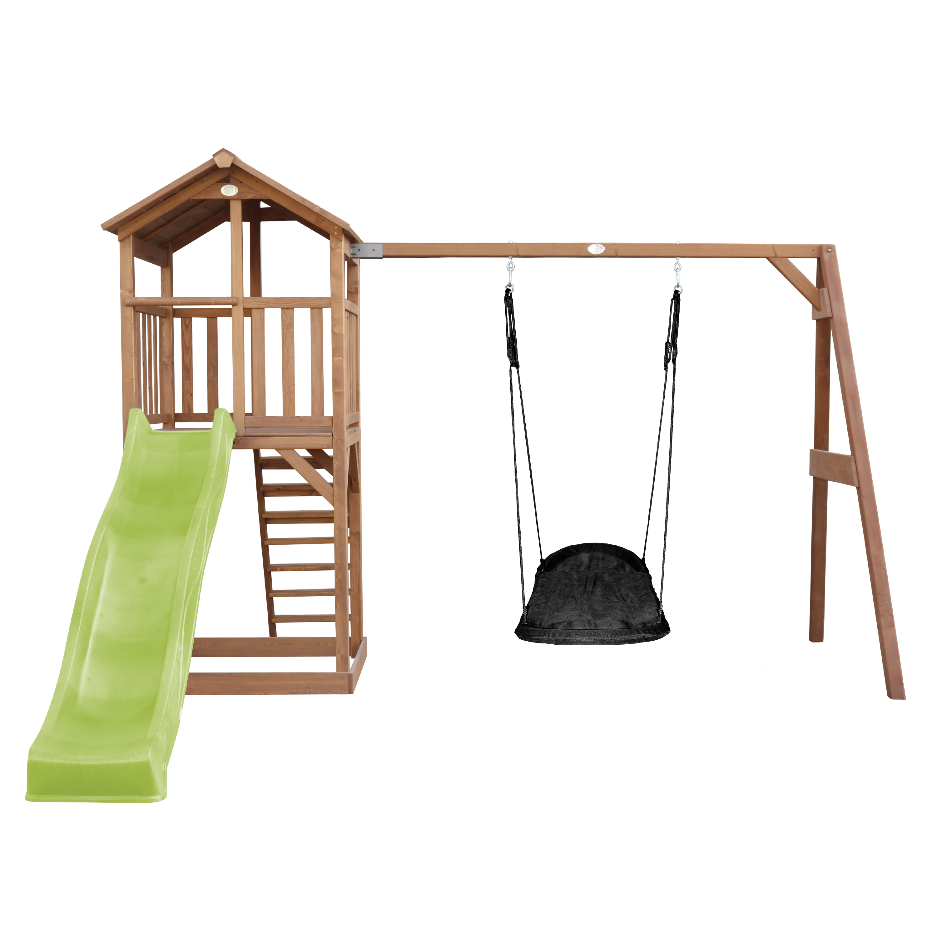Ein Holz-Spielplatz mit Rutsche, Treppe und Schaukel.