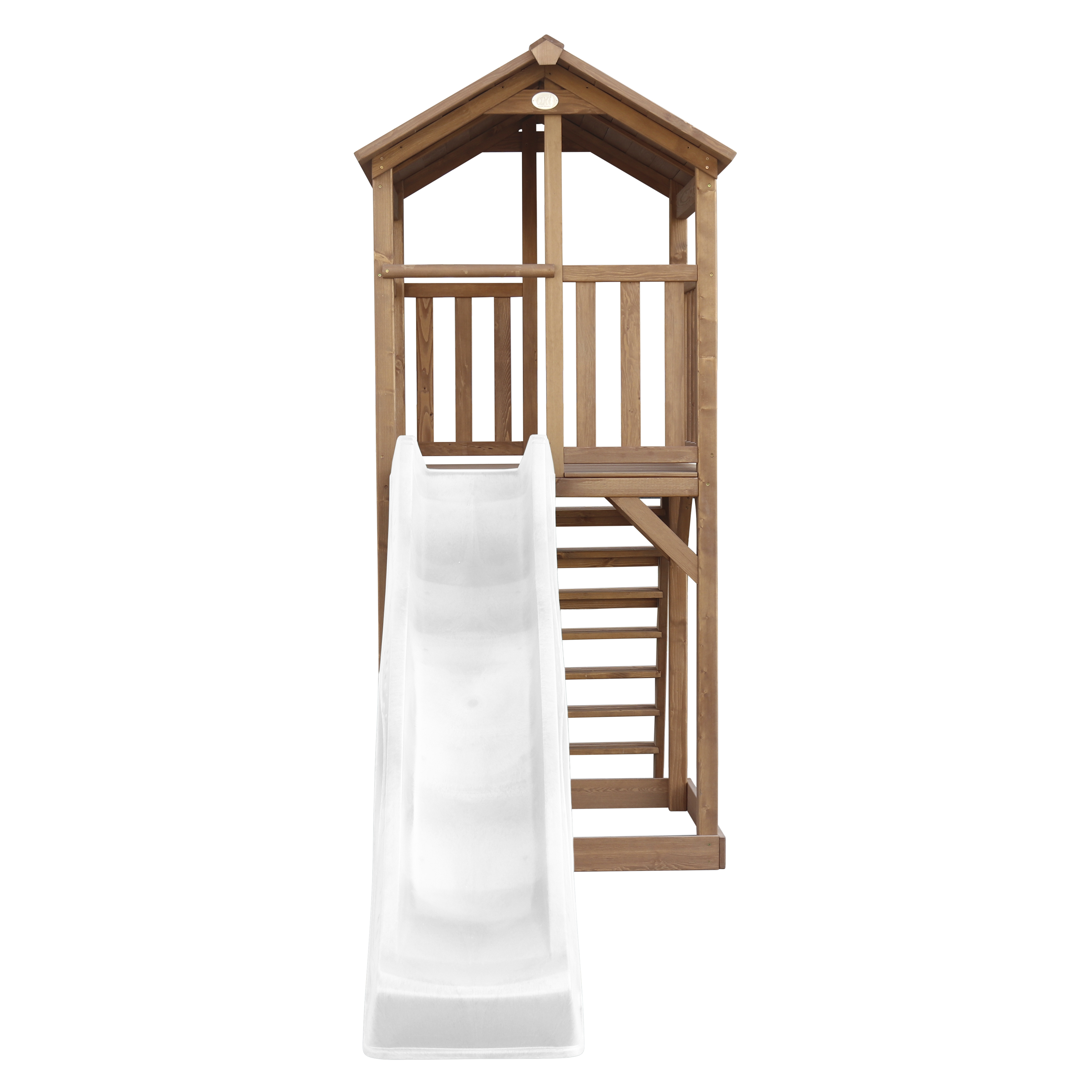 Spielhaus aus Holz mit Rutsche und Treppe, auf weißem Hintergrund, für Kinderspaß im Freien.