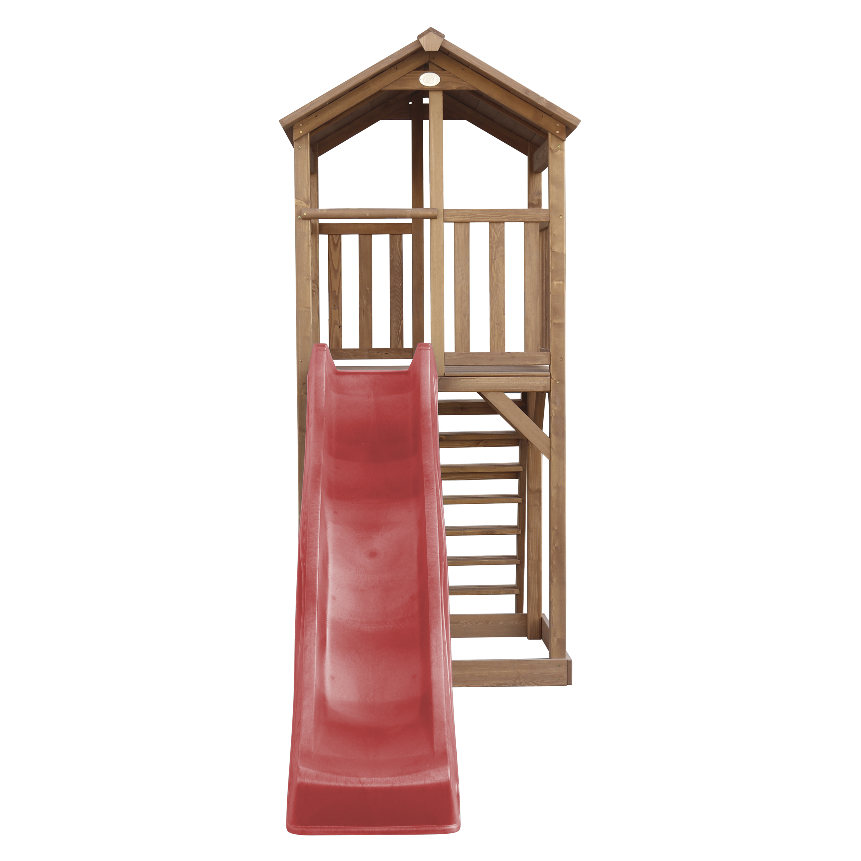 Ein hölzerner Spielplatz mit einer roten Rutsche und einem kleinen Holzhaus oben.