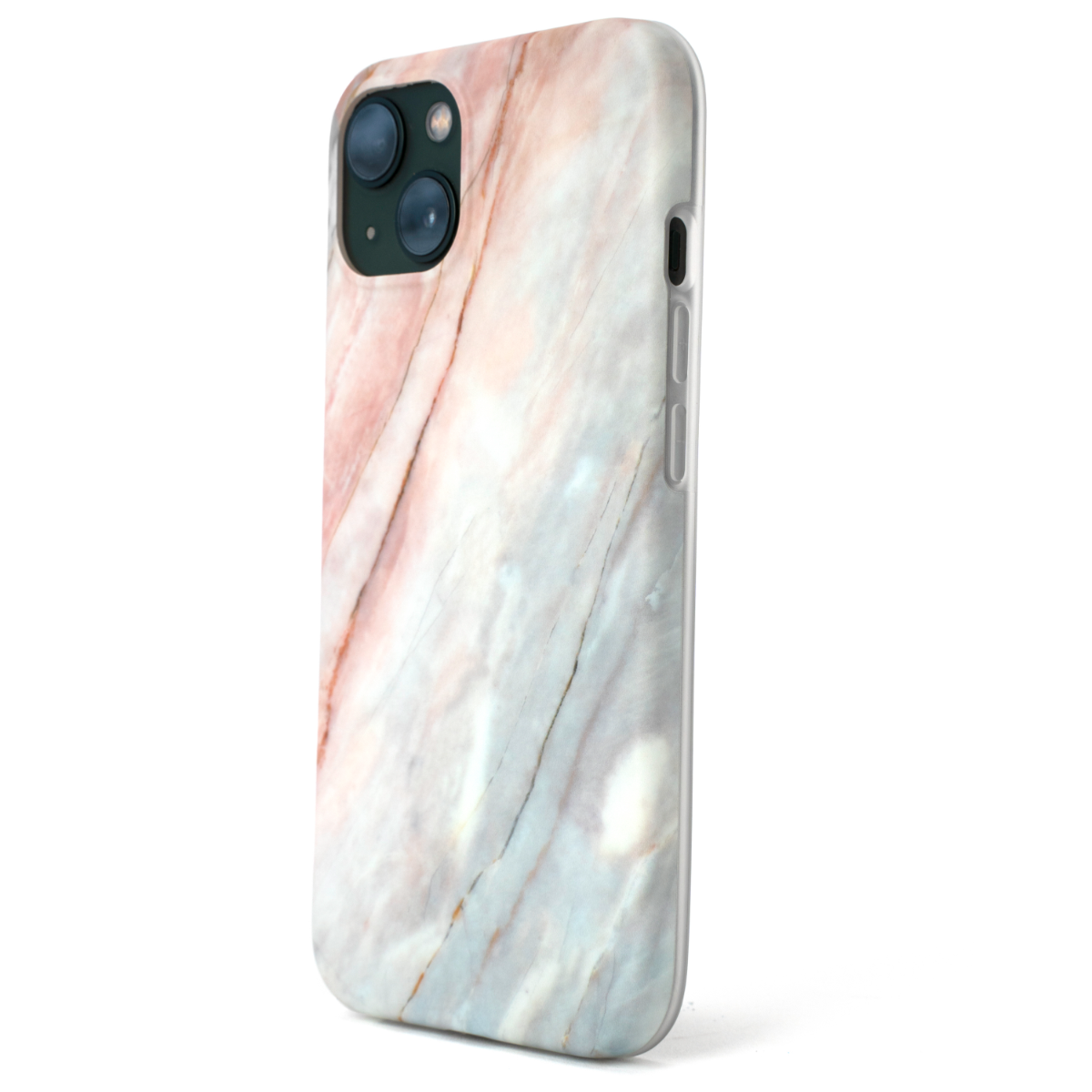 Coque iPhone avec motif marbre, présentant un motif rose et blanc.