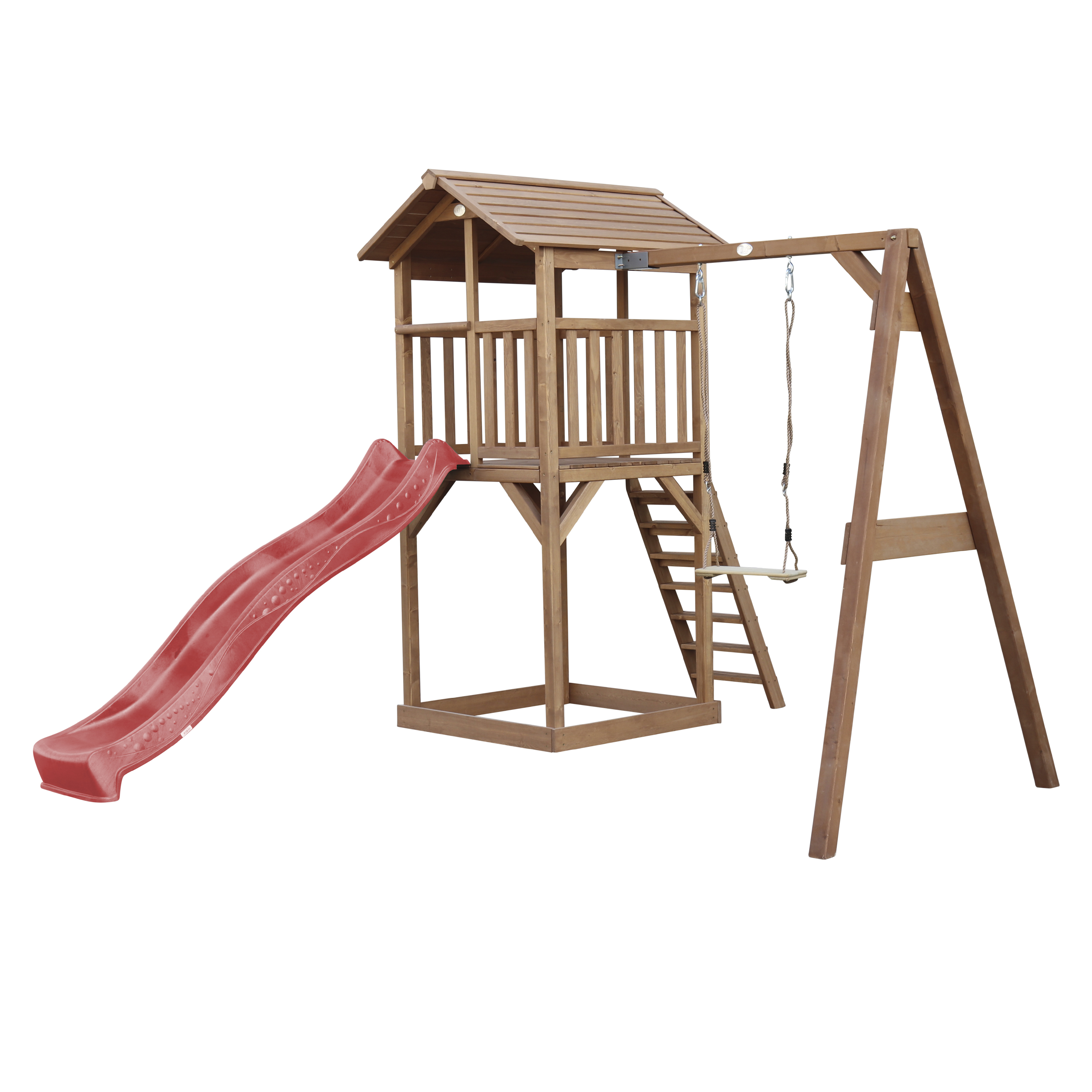 Spielplatz aus Holz mit Rutsche, Schaukel und Spielhaus. Rote Rutsche, brauner Rahmen, weißer Hintergrund.