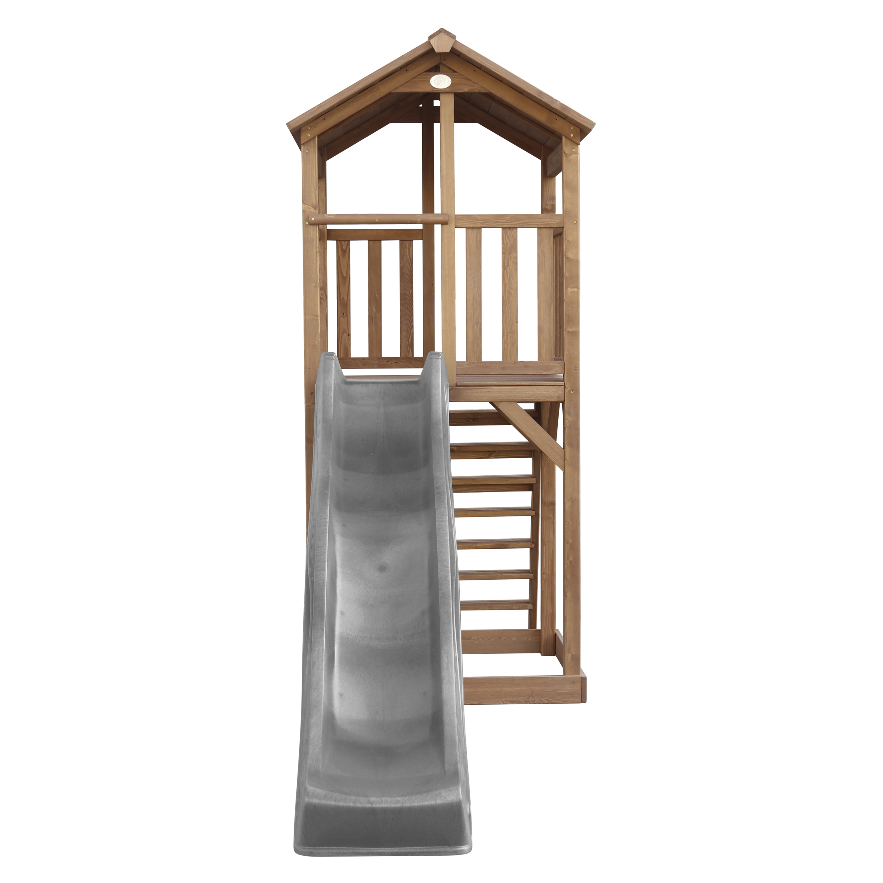 Ein hölzernes Spielset mit Rutsche, Treppe und einem kleinen Hausaufbau oben.