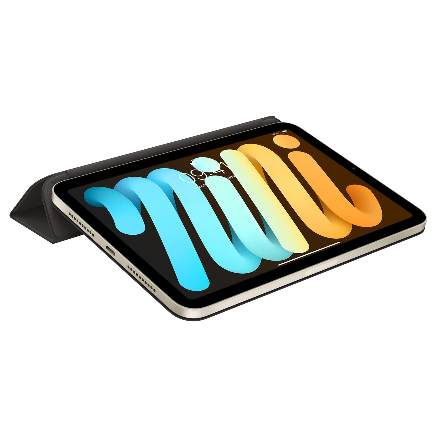 Tablet z etui, na białym tle. Ekran wyświetla kolorowy obraz.