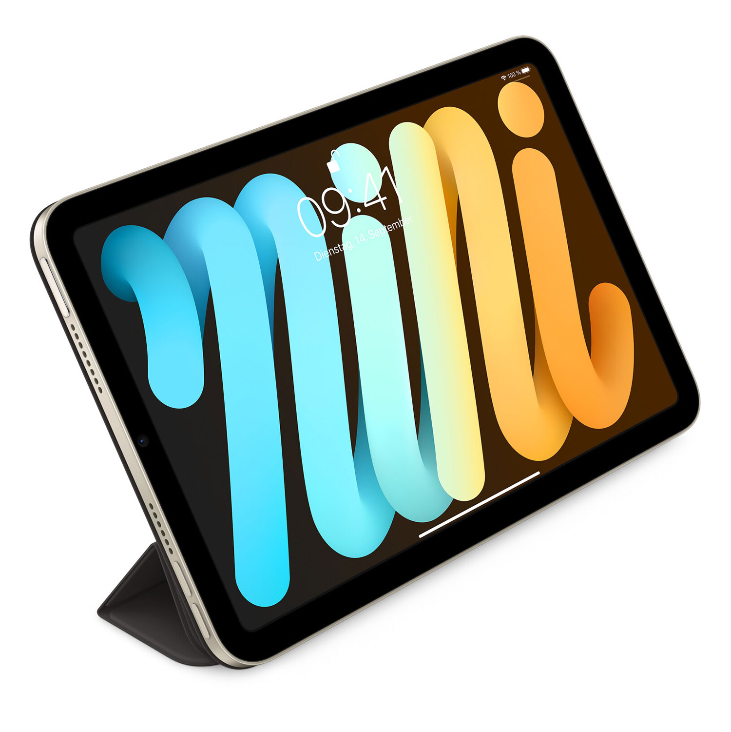iPad mini w etui, wyświetlający kolorowy ekran. Widok pod kątem, białe tło.