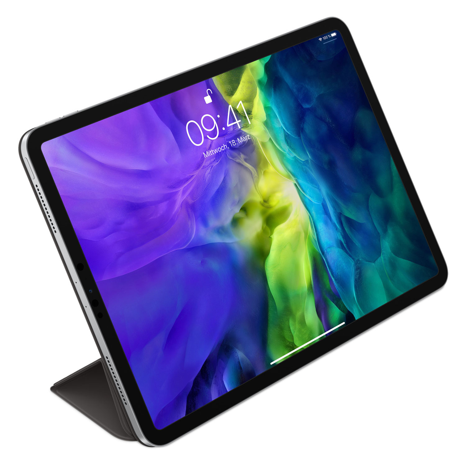 Tablet auf Ständer, schwarzer Rahmen, weißer Hintergrund, mit Sperrbildschirm.