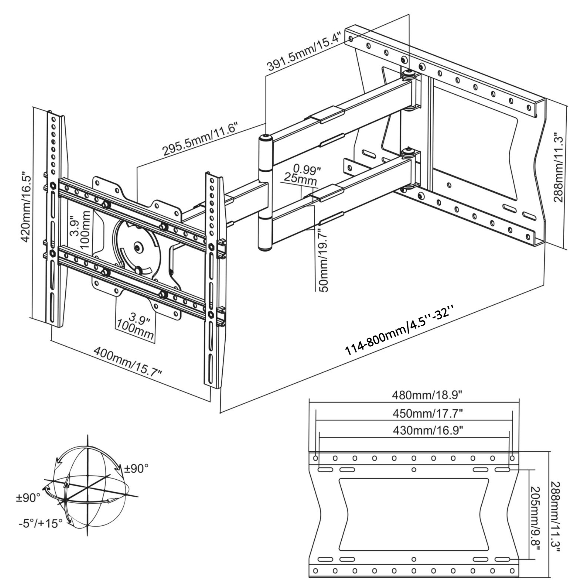Uchwyt ścienny do telewizora z wymiarami. Jest czarny i metaliczny, z wieloma ramionami i płytą montażową.