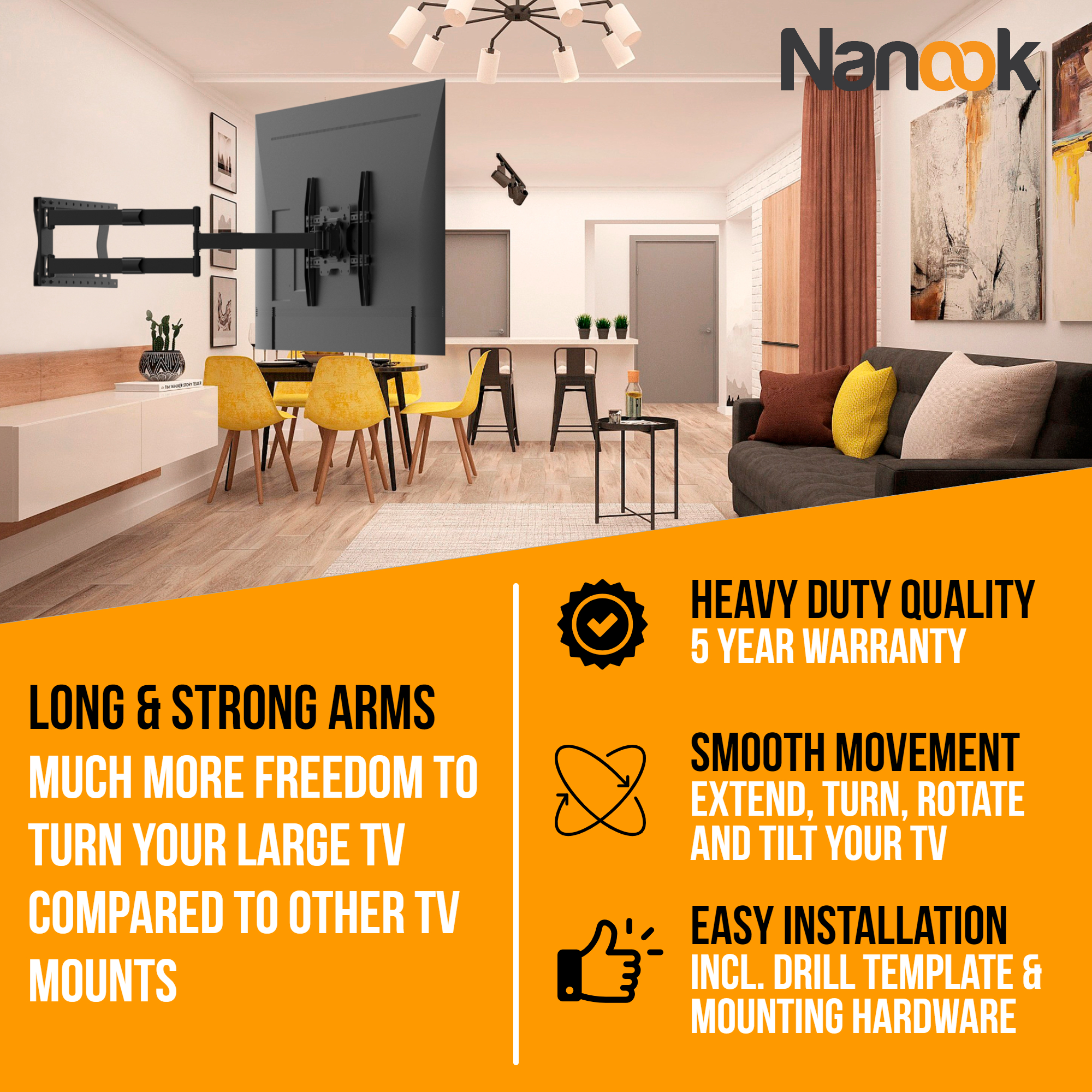 Uchwyt do telewizora z tekstem opisującym cechy produktu, w tym wysoką jakość i łatwą instalację.