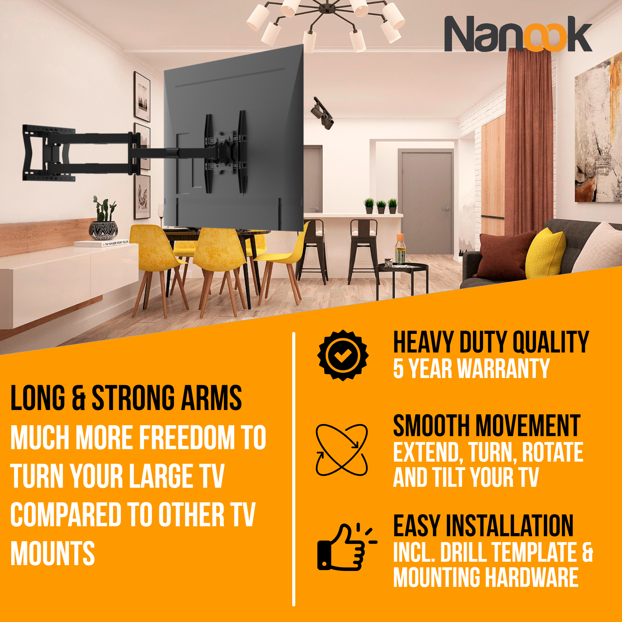 Uchwyt ścienny do telewizora. Ma długie ramiona, łatwą instalację i płynny ruch. Żółta ściana i meble.