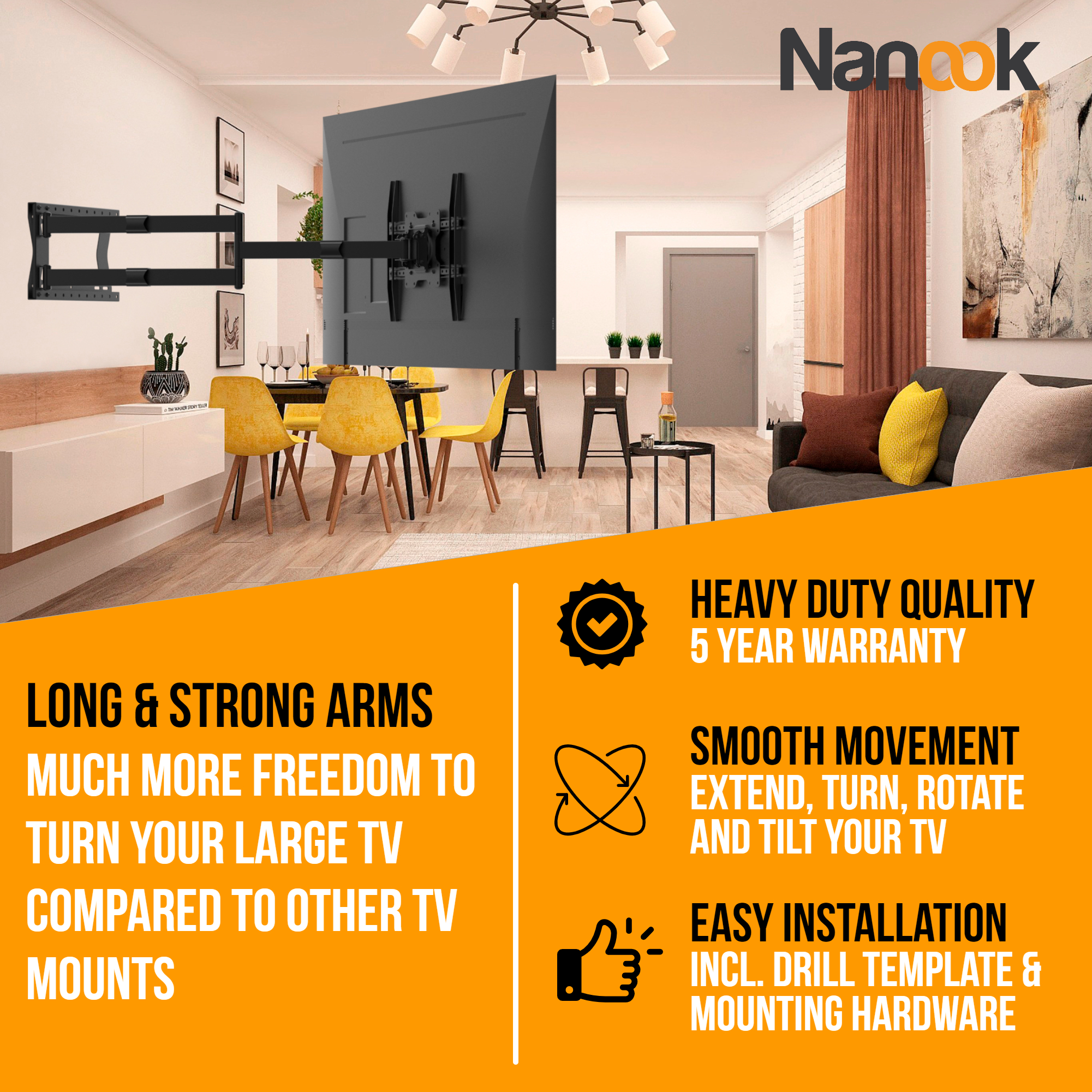 Czarny uchwyt do telewizora z telewizorem i otaczającymi meblami. Tekst wskazuje na wysoką jakość i łatwą instalację.