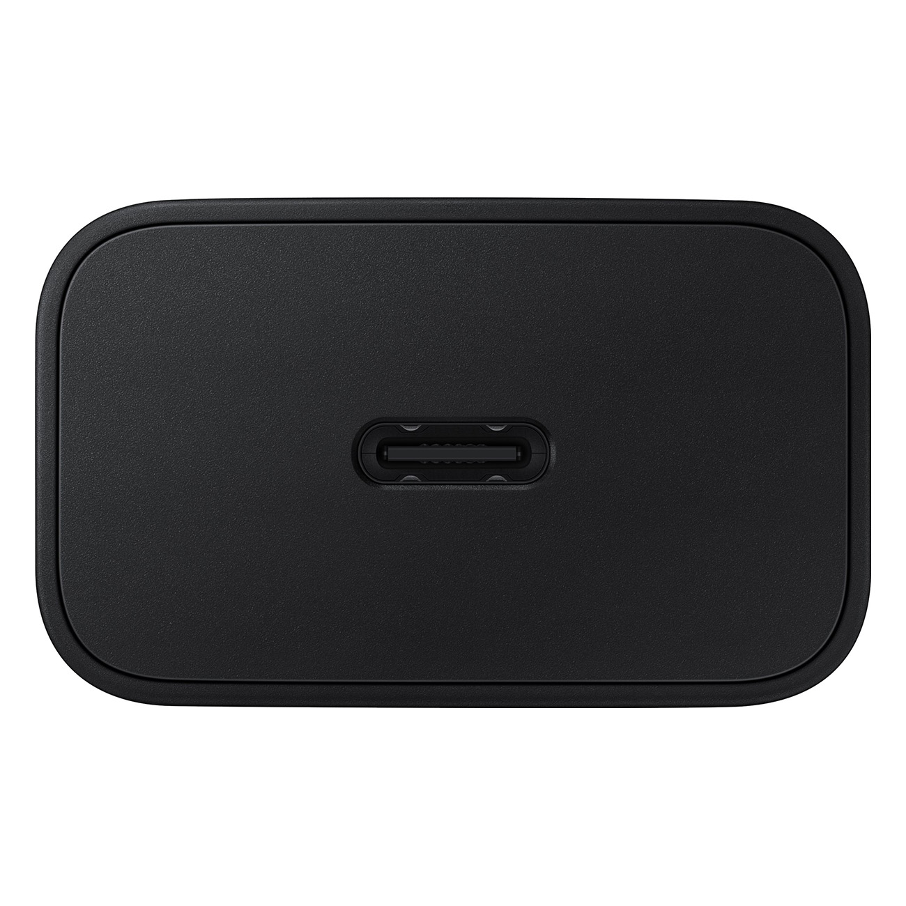 Schwarzes USB-C-Ladegerät mit einem einzelnen USB-C-Anschluss auf der Vorderseite.