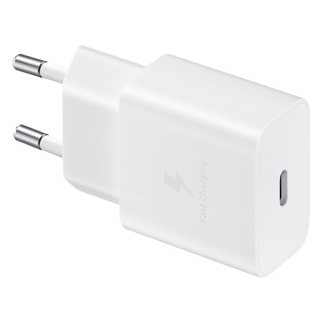 Un adaptateur de charge blanc pour téléphone avec port USB-C et icône de charge rapide.