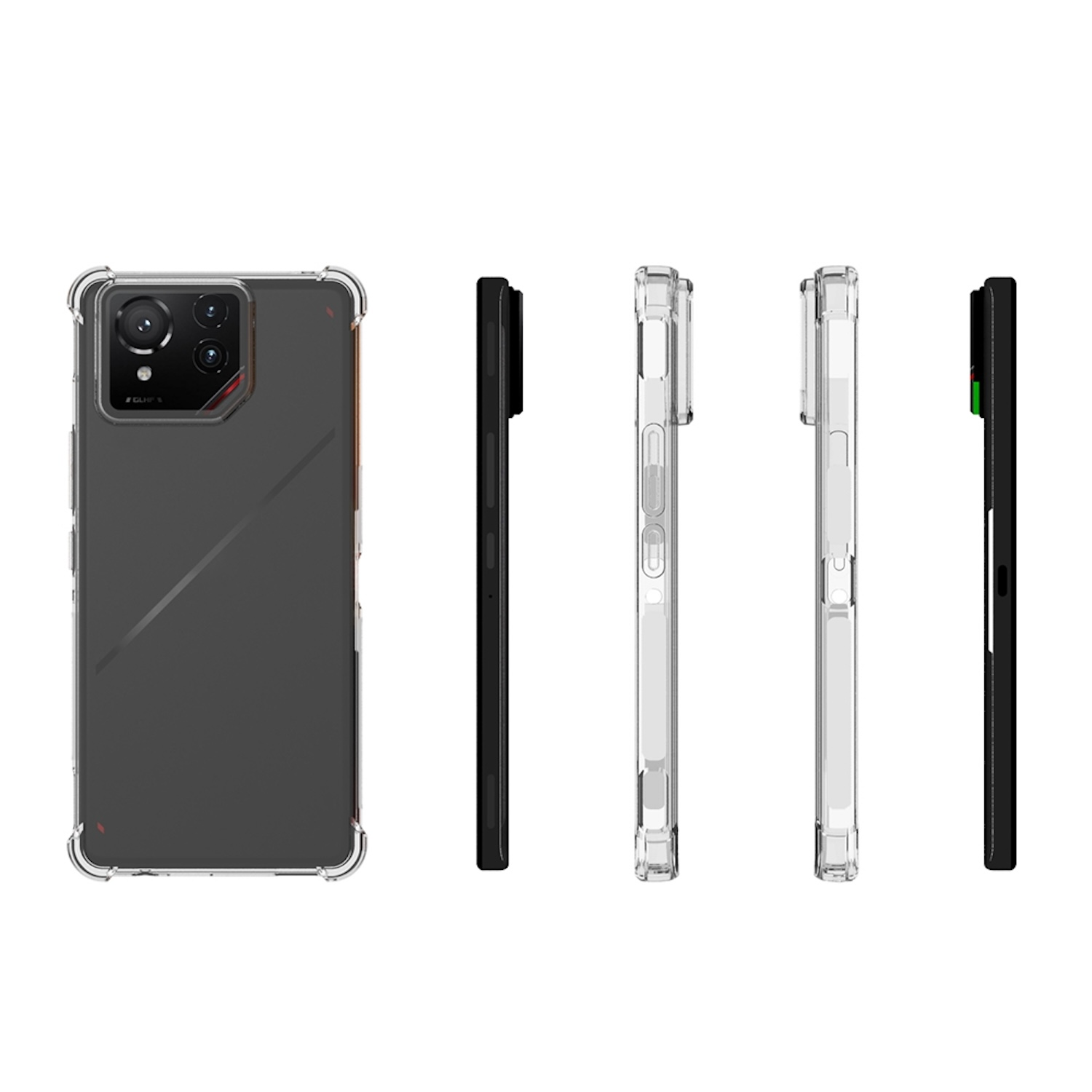 Schwarzes Telefon mit durchsichtiger Hülle aus verschiedenen Winkeln. Kamera und Tasten sind sichtbar. Isoliert.