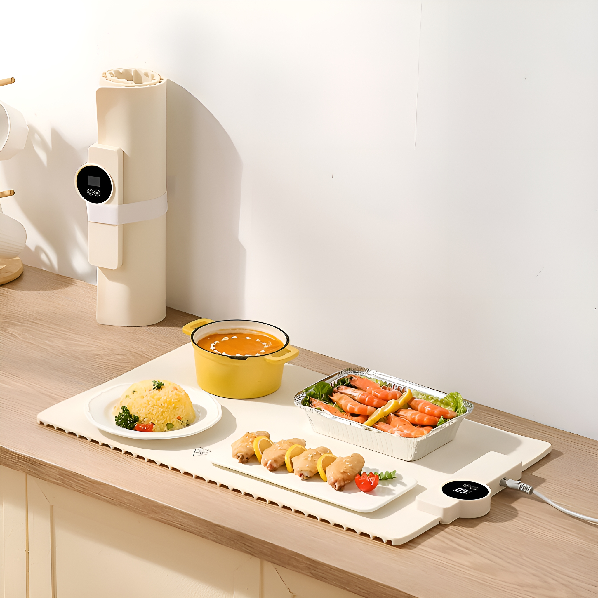 Essen auf einer weißen Matte. Enthält Suppe, Garnelen, Reis und Hähnchen. Weißer Hintergrund.