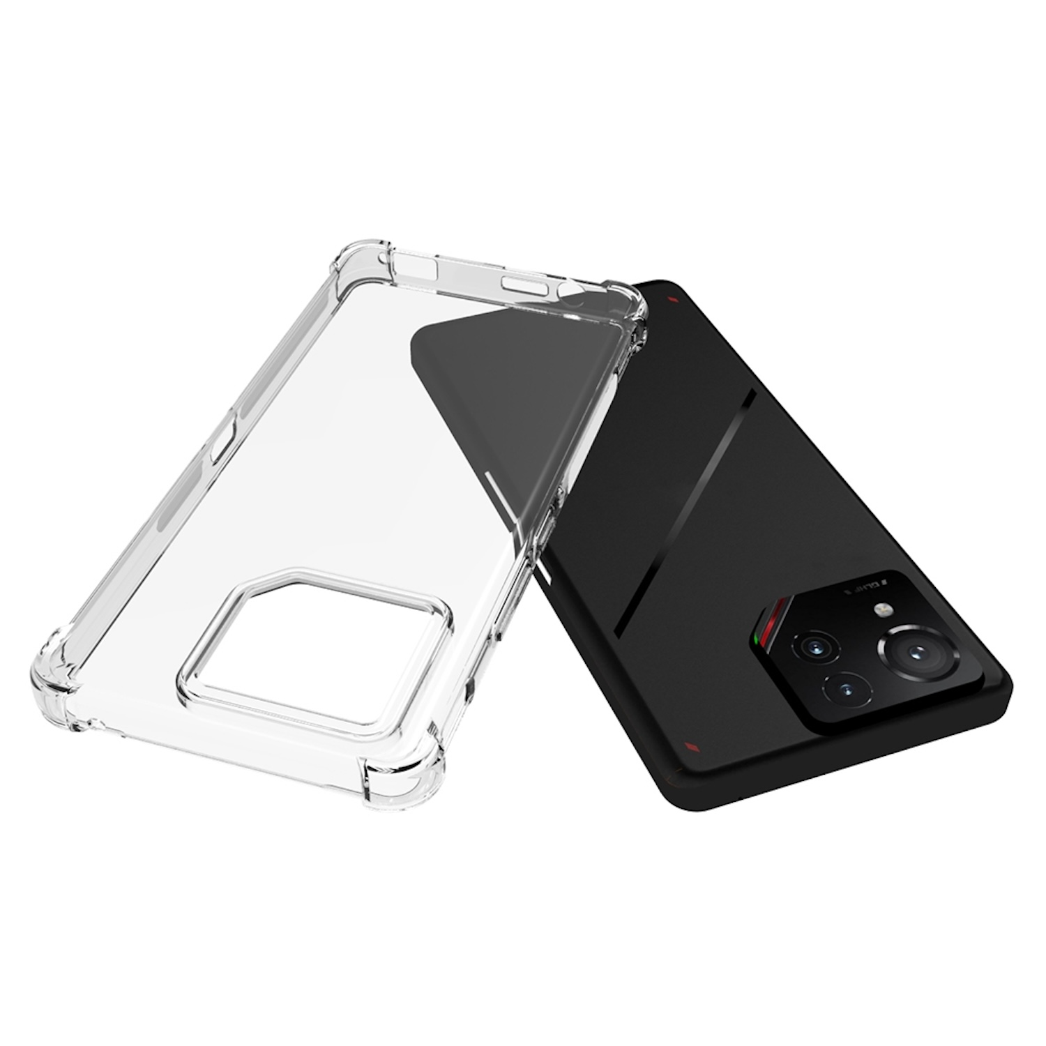 Klare Handyhülle neben einem schwarzen Telefon. Zeigt Hülle und Telefon mit Kamera.