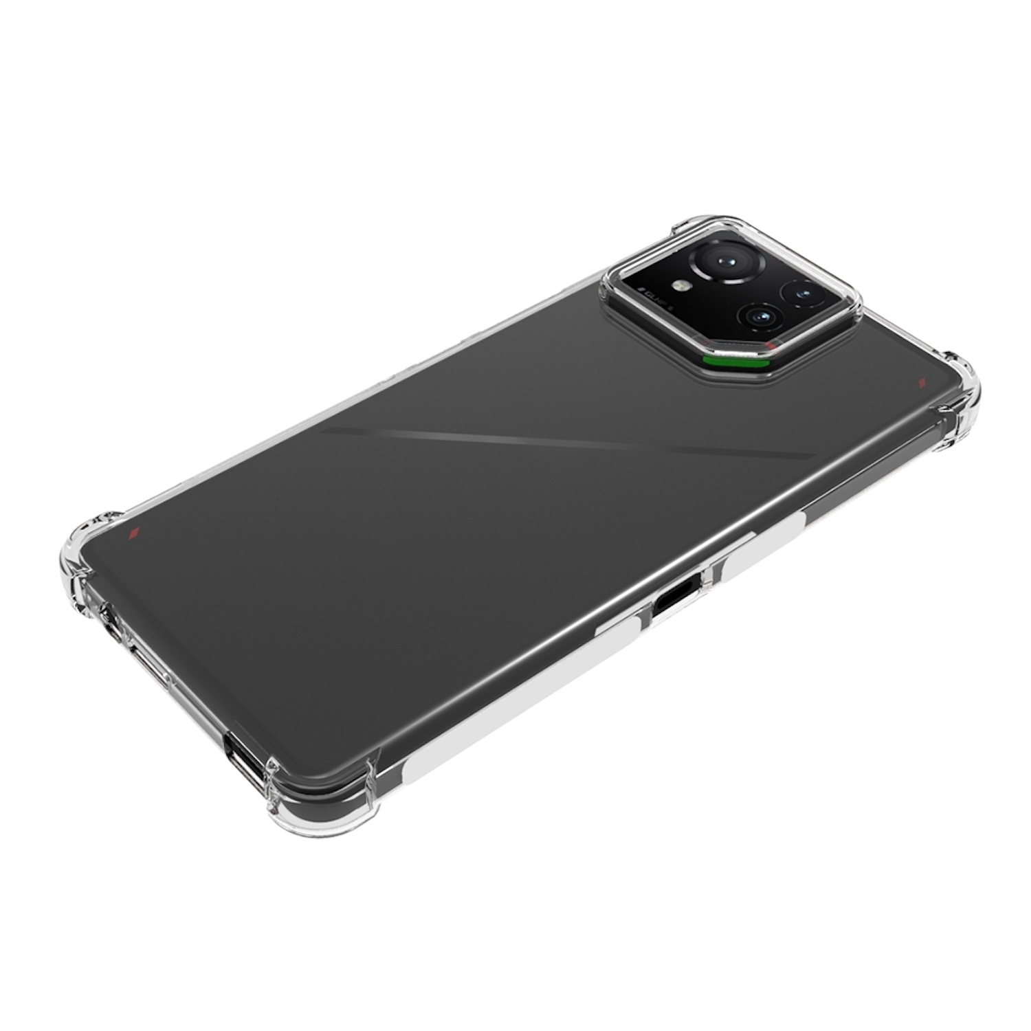 Transparente Handyhülle auf einem schwarzen Telefon. Kameralinsen sichtbar. Die Hülle ist transparent.