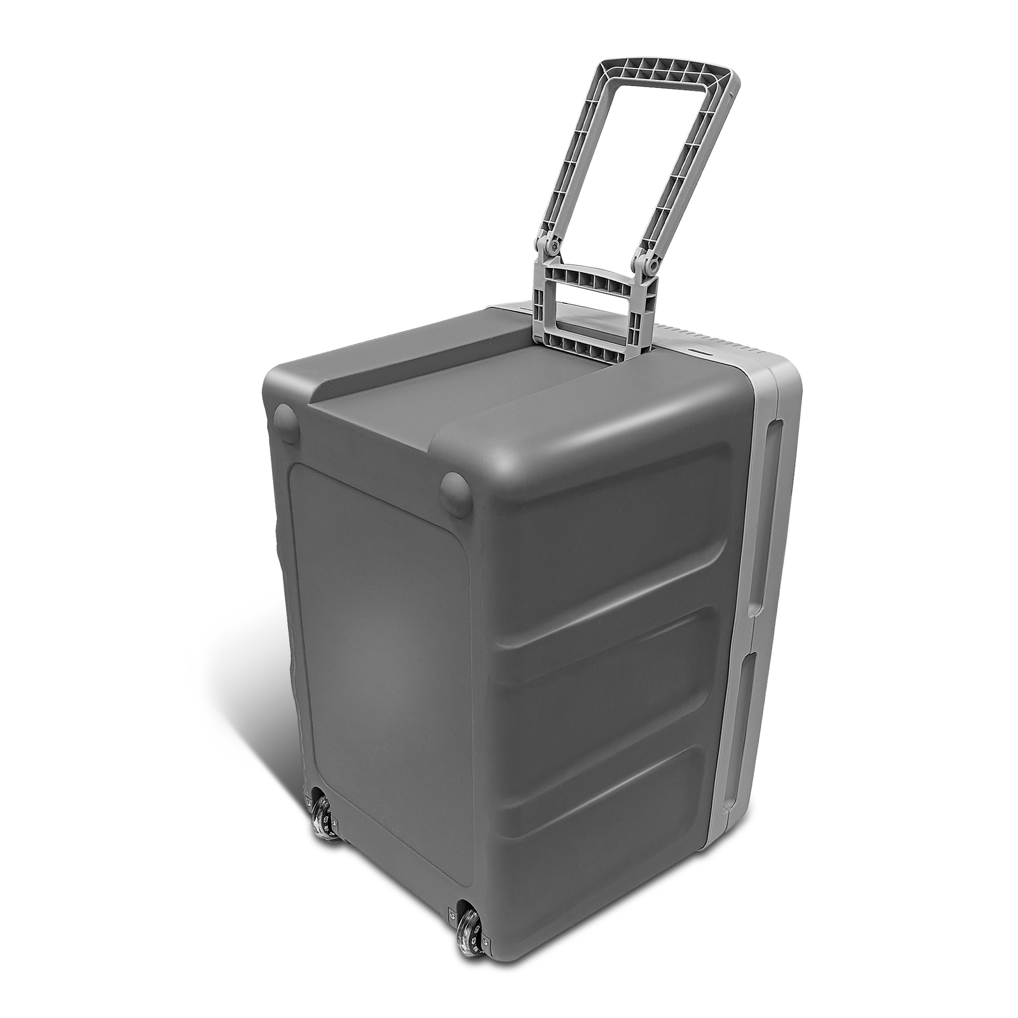 Graue Rollkühlbox mit ausziehbarem Griff, auf weißem Hintergrund, schräge Ansicht.