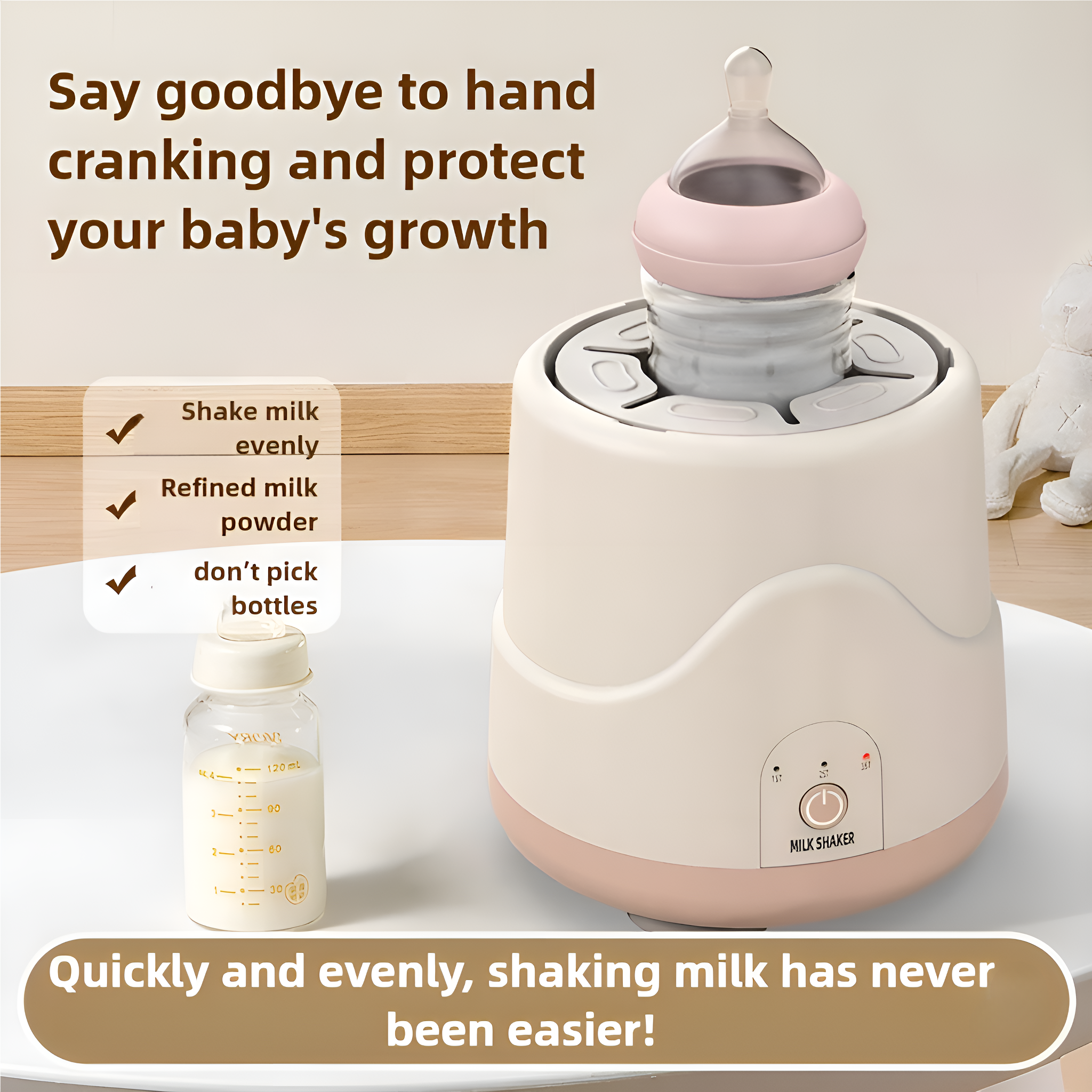 Babyflaschenwärmer mit Flasche. Es hat einen rosa Deckel und einen cremefarbenen Sockel. Text sagt, Milch schütteln.