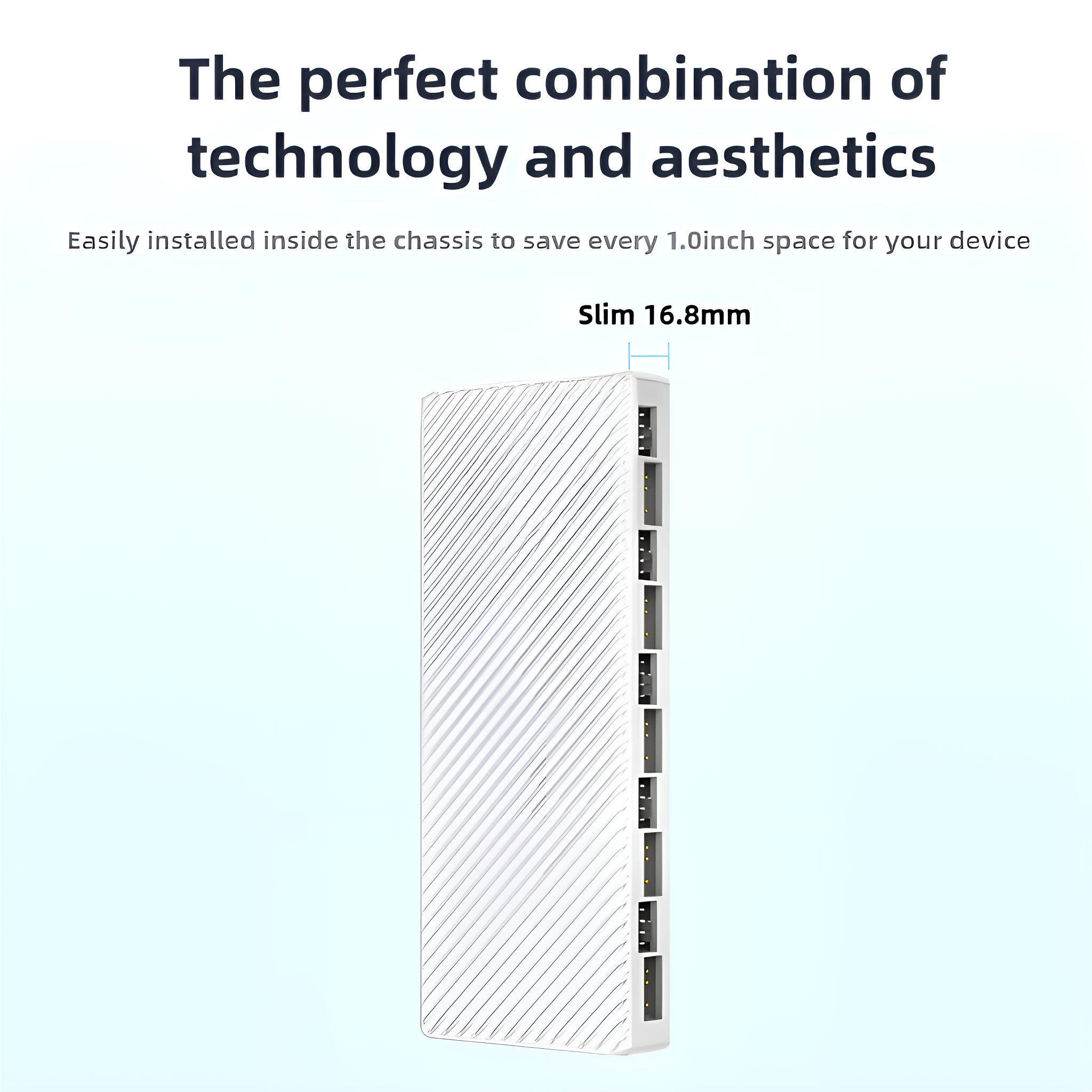 Ein weißes Gerät mit einem schlanken Profil von 16,8 mm, mit dem Text 'Die perfekte Kombination'.