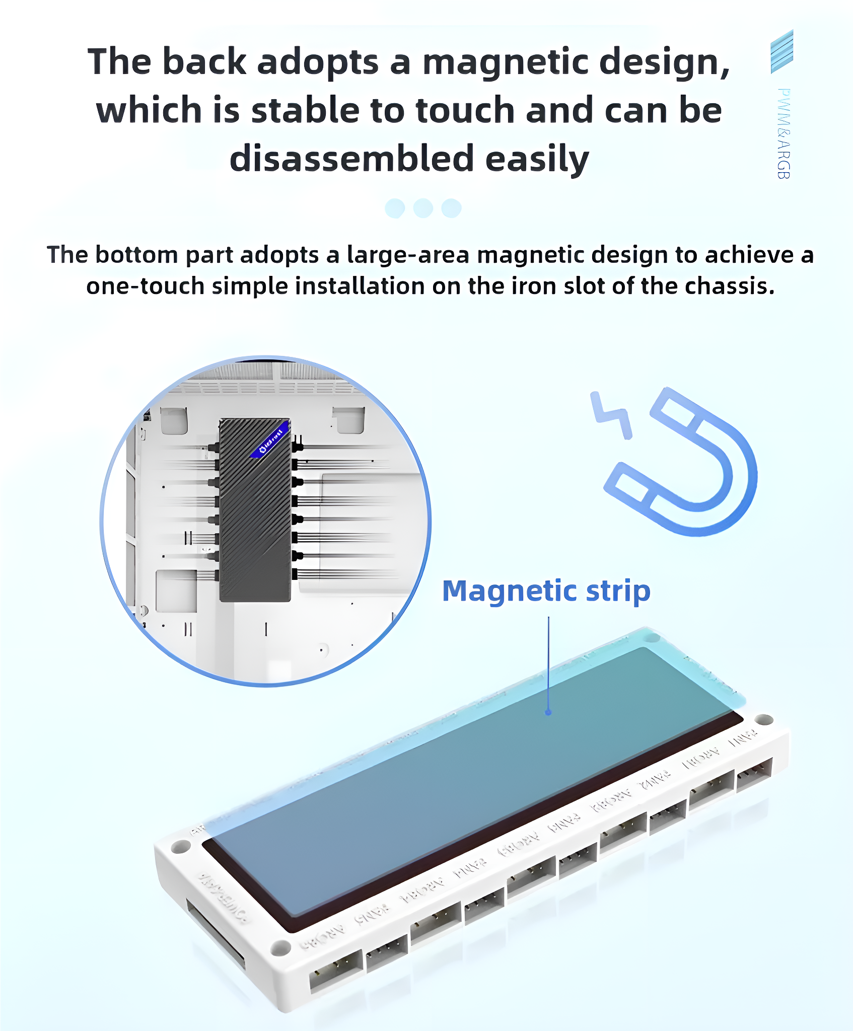 Ein weißes und blaues Gerät mit Magnetstreifen und Text über das Magnetdesign.
