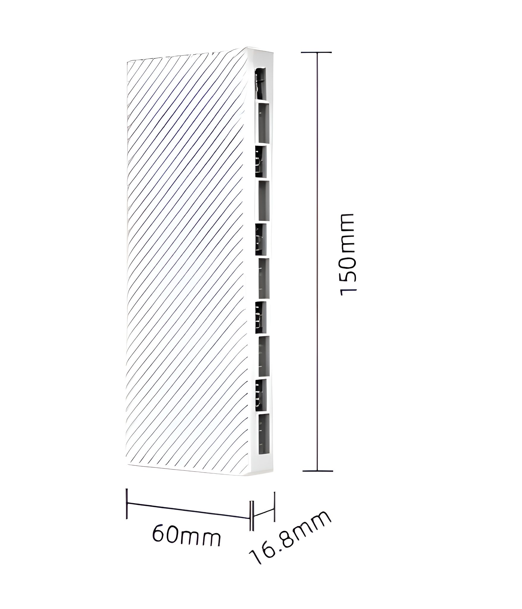 Weißes elektronisches Gerät. Abmessungen 150 mm x 60 mm x 16,8 mm. Diagonale Linien vorne.
