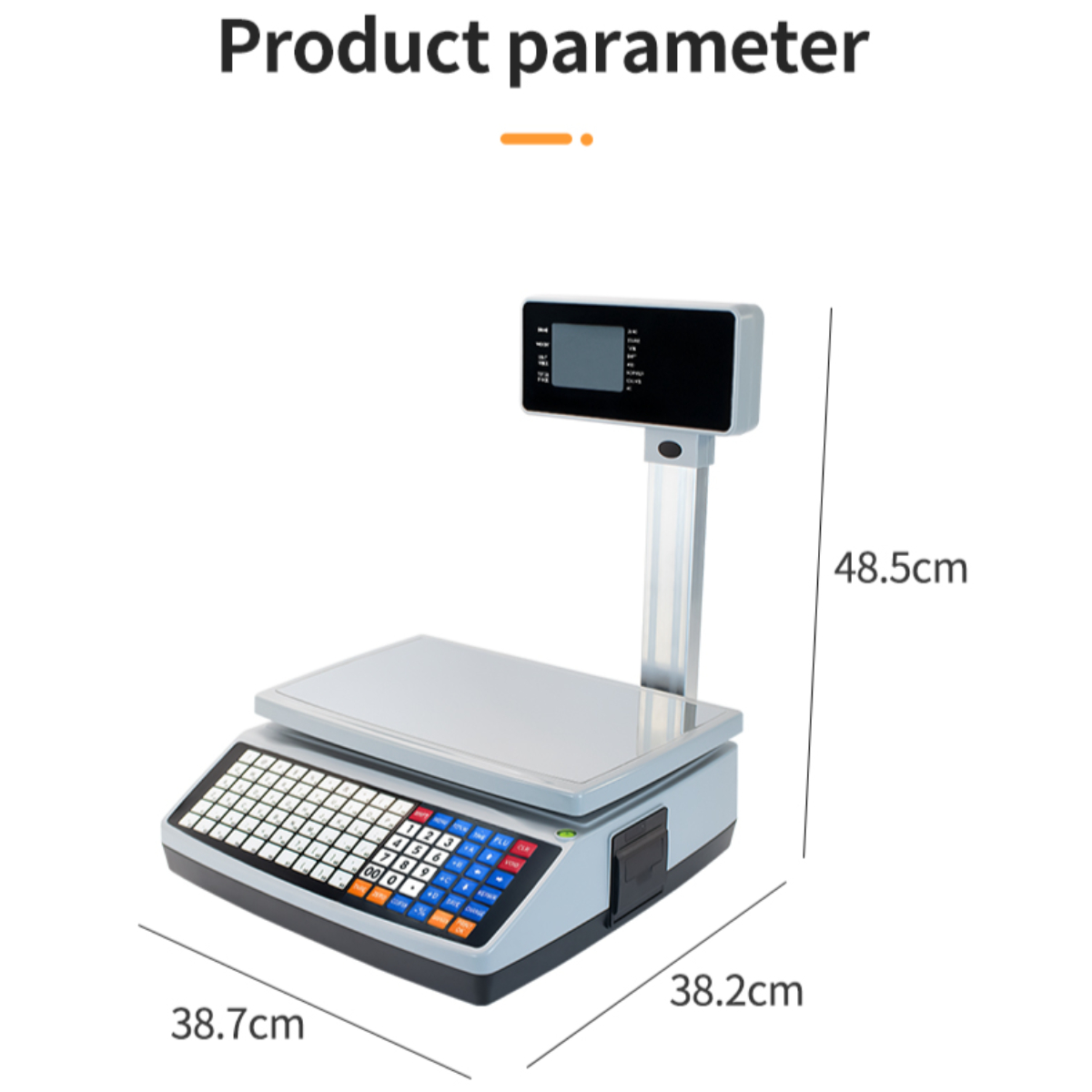 Eine Digitalwaage mit Display, Tastatur und Etikettendrucker, mit markierten Abmessungen.