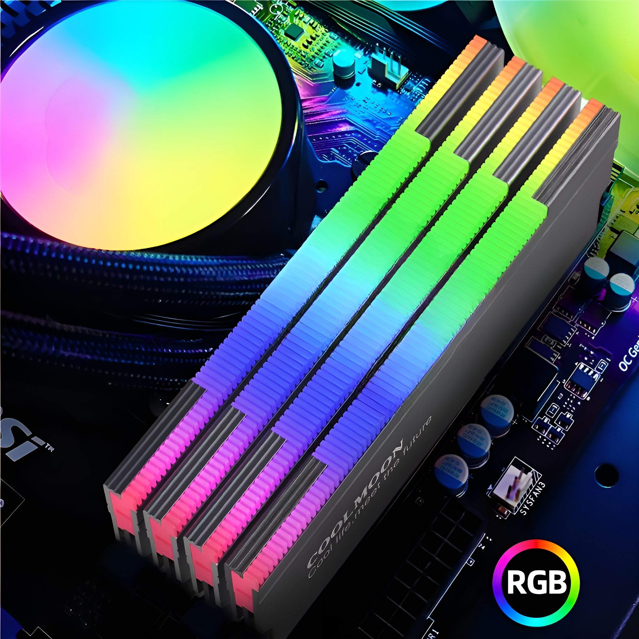 Computer-RAM-Riegel mit RGB-Beleuchtung. Auf einem Motherboard angezeigt.