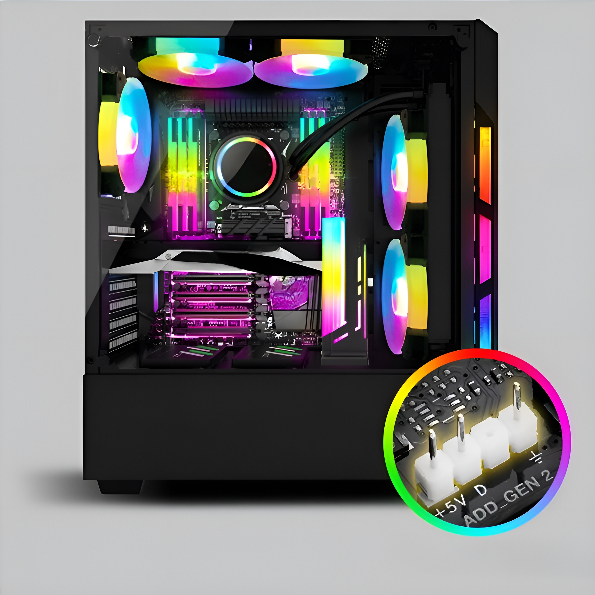 Computergehäuse mit RGB-Beleuchtung, Komponenten sichtbar und Nahaufnahme der Lüfteranschlüsse.