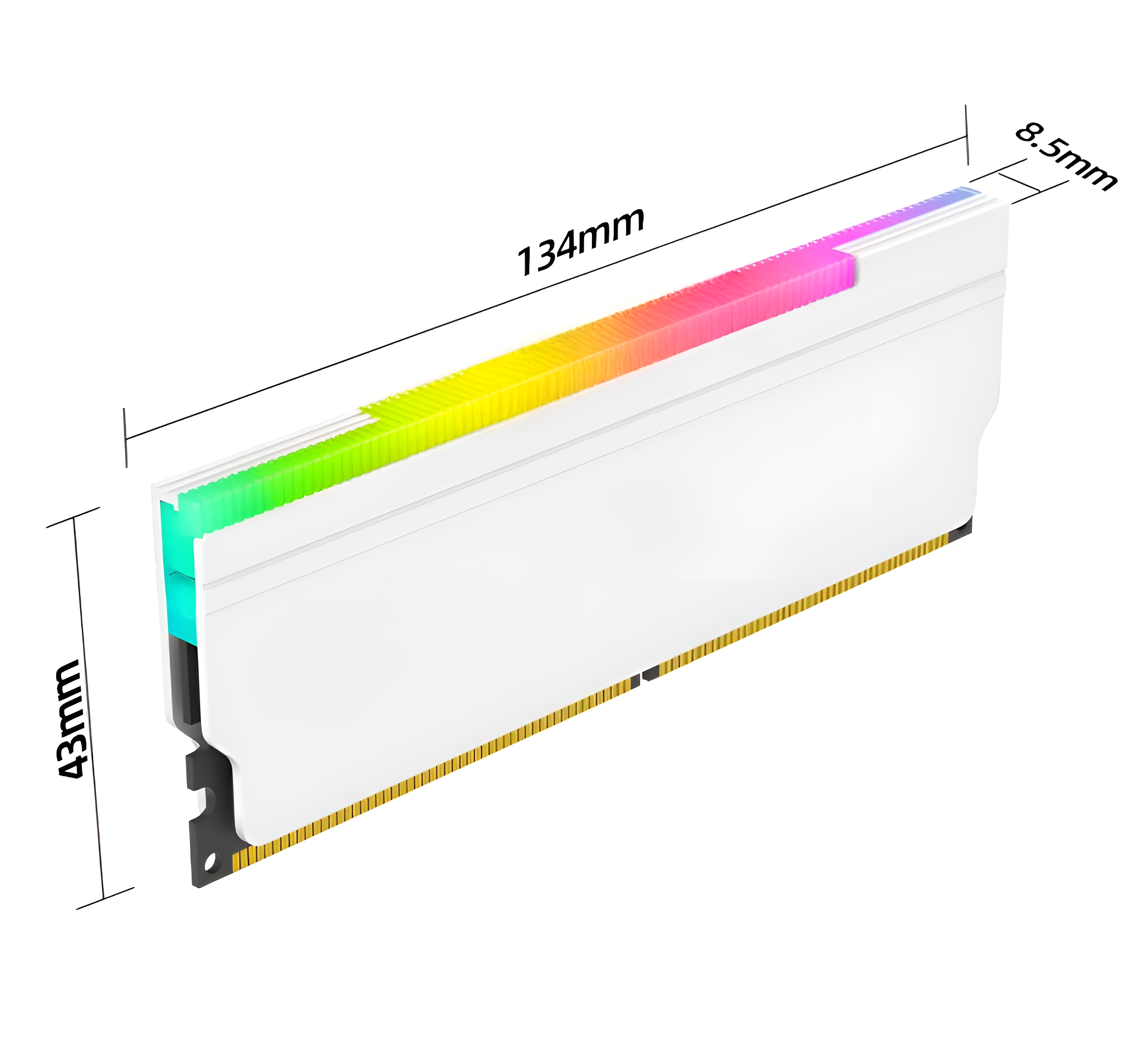 Ein weißer RAM-Riegel mit RGB-Beleuchtung. Er hat die Maße: 134mm lang, 43mm hoch und 8,5mm dick.