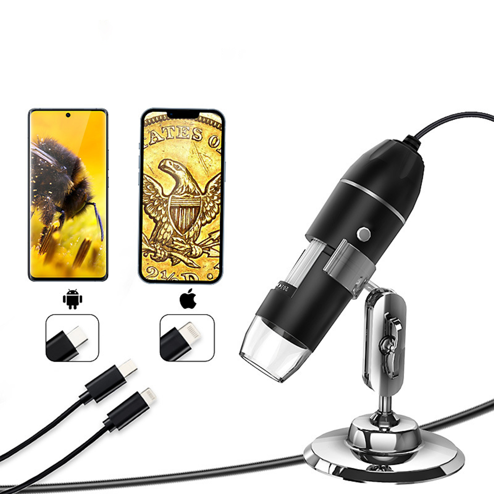 Mikroskop mit zwei Telefonen, die Bilder zeigen, und mehreren Kabeln.