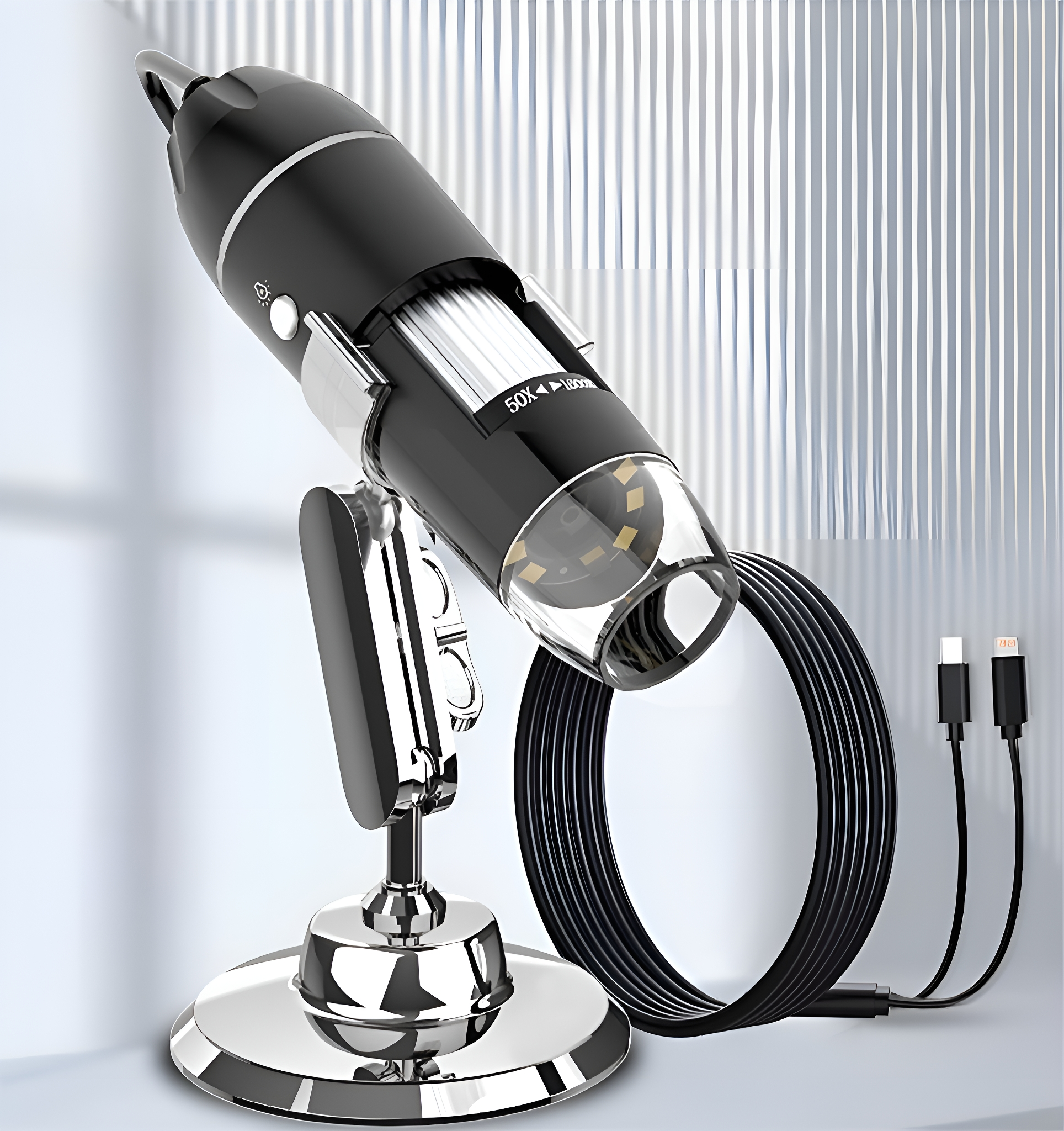 Digitales Mikroskop auf einem Ständer. Schwarz und Silber. USB-Kabel. Weißer Hintergrund.