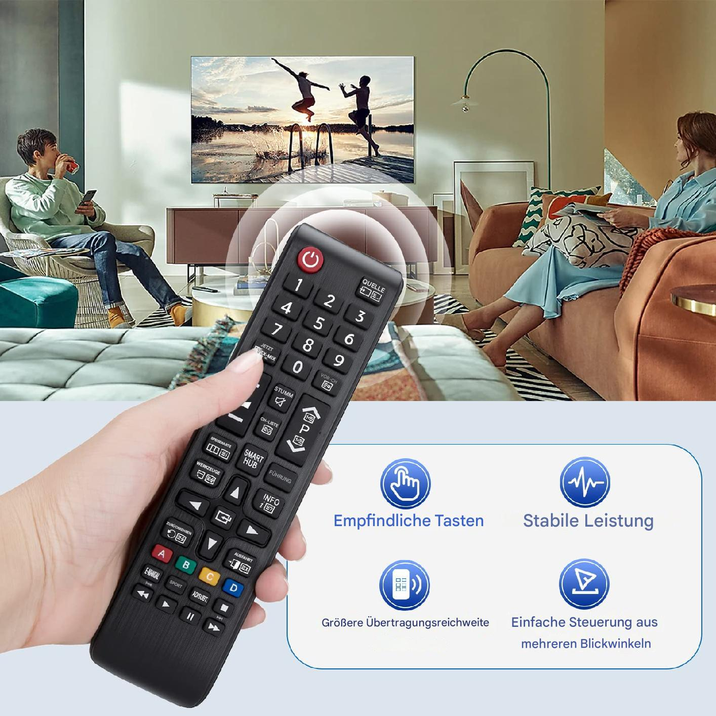 Hand, die eine TV-Fernbedienung hält. TV-Bildschirm zeigt springende Personen. Symbole und Text.